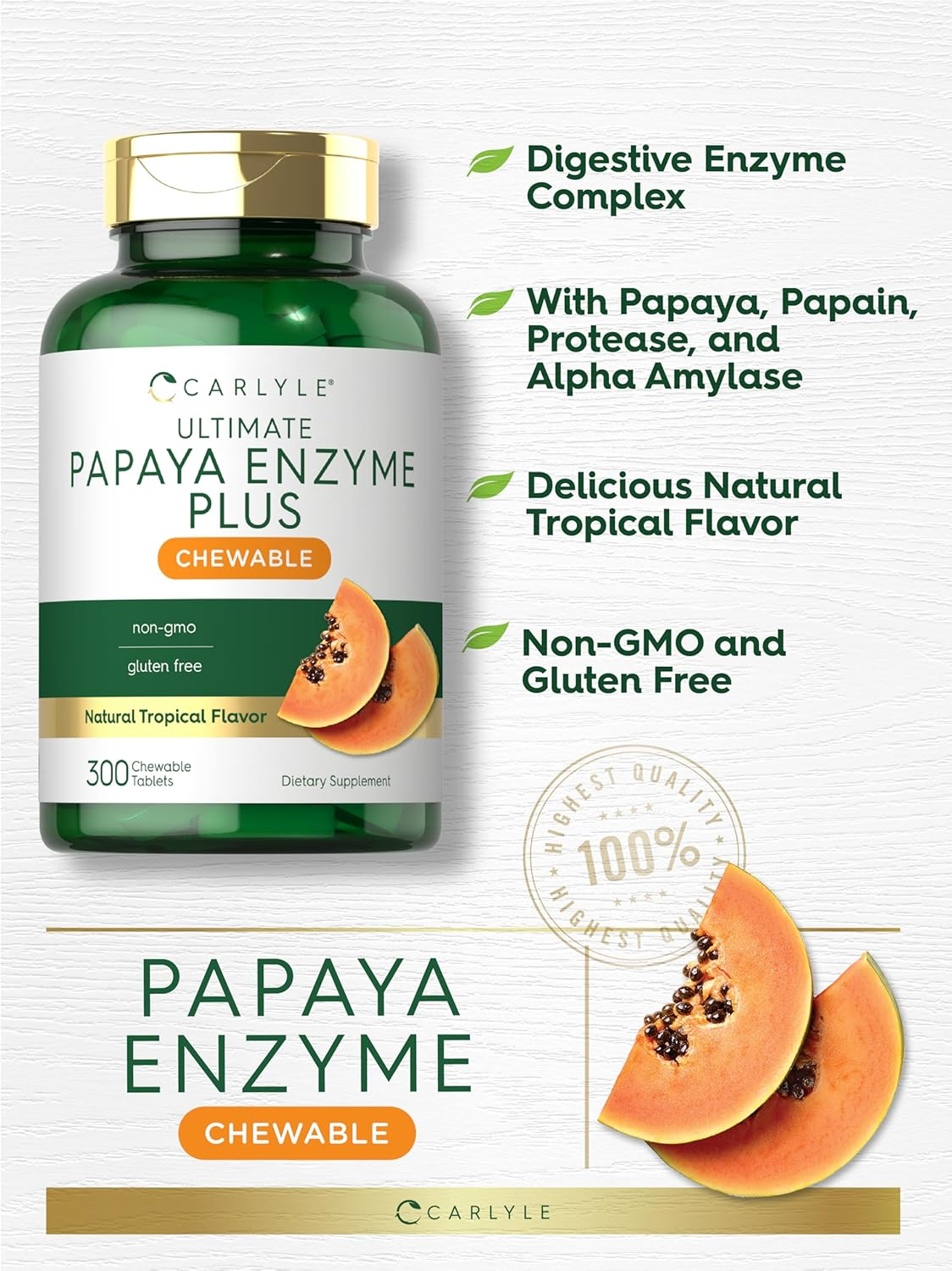 Papaya Enzyme Chewable Tablets | 600 Count | Vegetarian, Non-Gmo, Gluten Free Formula | Papaya Flavor | by Carlyle image number 2