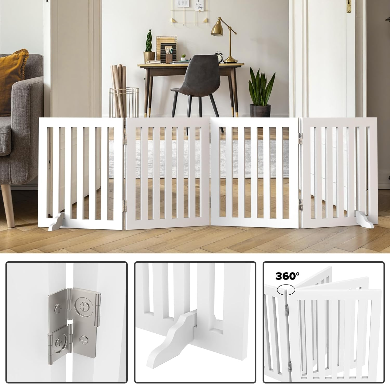 Advwin Wooden Pet Gate,4-Panel Dog Fence Freestanding Pet Barrier Safety Gate,Foldable Dog Gate Doorway for Indoor Outdoor 203X91Cm image number 5