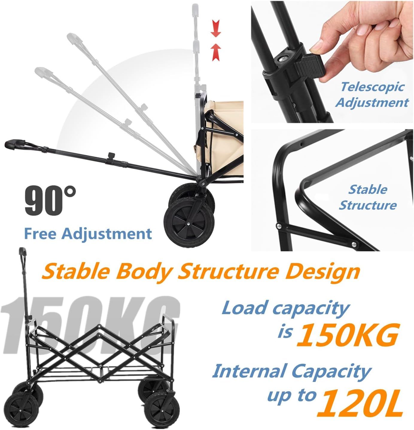 Foldable Camping Wagon Cart,Hx Dream Folding Wagon Cart,Picnic Trailer with Push Handle,Suitable for Camping, Dining, Garden and Outdoor Sports image number 4