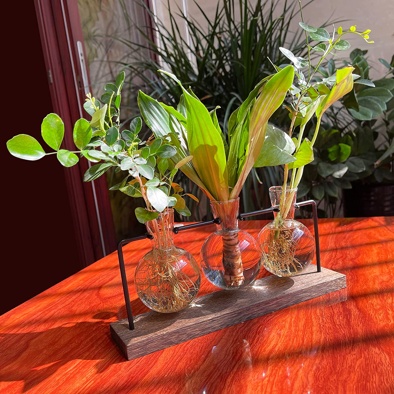 Plant Stand, 3Pcs Bulb Vases Wooden Stand, Terrarium Glass Planter for Hydroponic Plant, Christmas Home Decor (3 Bulb Vase, Brown) image number 2