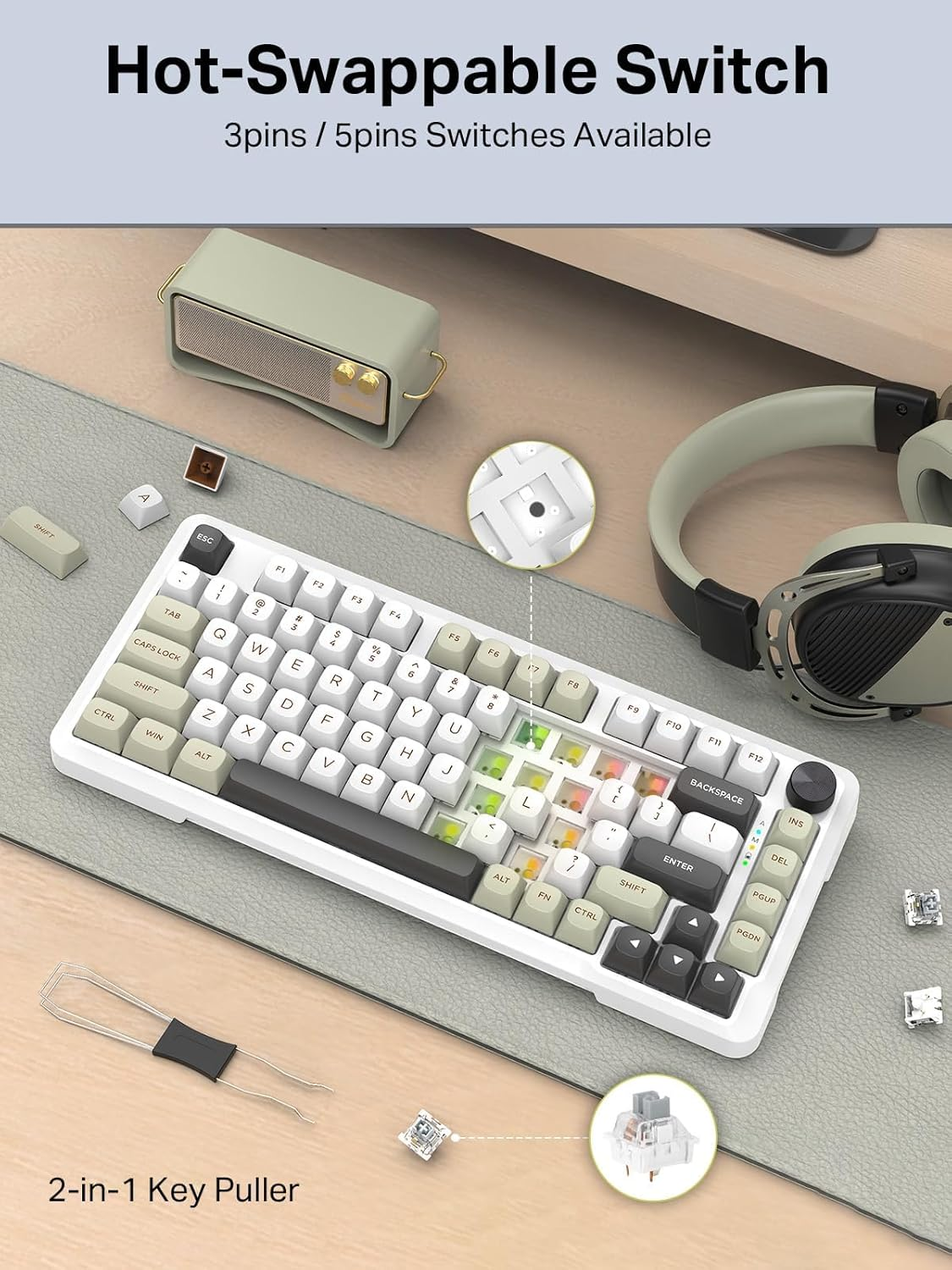 E-YOOSO Z82 Wireless Mechanical Keyboard, 3-Modes 81 Keys Compact, 75% Gasket Hot Swappable RGB Gaming Keyboard with Dedicated Knob Control and Sound Absorbing Pads, PBT Keycaps image number 5