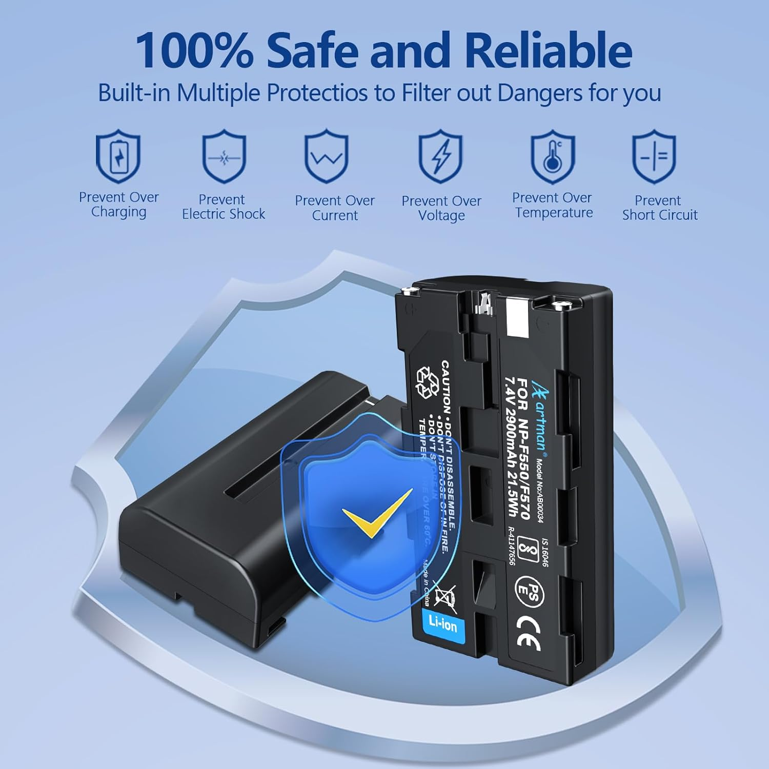Artman NP-F550 Battery and Dual USB Charger for Sony NP-F970 F750 F550 F330 F530 F570 F770 F960, CCD-SC55, TR516 TR716 TR818 TR910 TR917, Battery for LED Light, Monitor, Camera Slider (2-Pack 2900Mah) image number 2