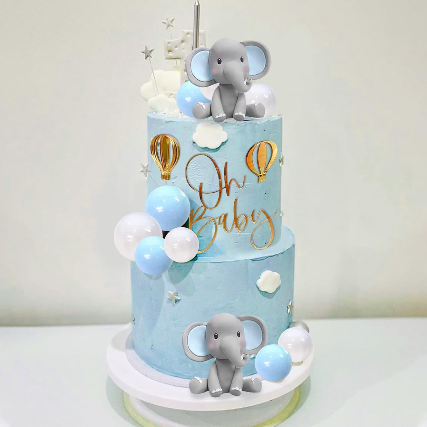 Elephant Cake Decoration with Mini Elephant Oh Baby Cake Topper Blue White Pearl Balls Hot Air Balloon for Baby Shower Boy Elephant Theme Birthday Party Supplies (BLUE) image number 3