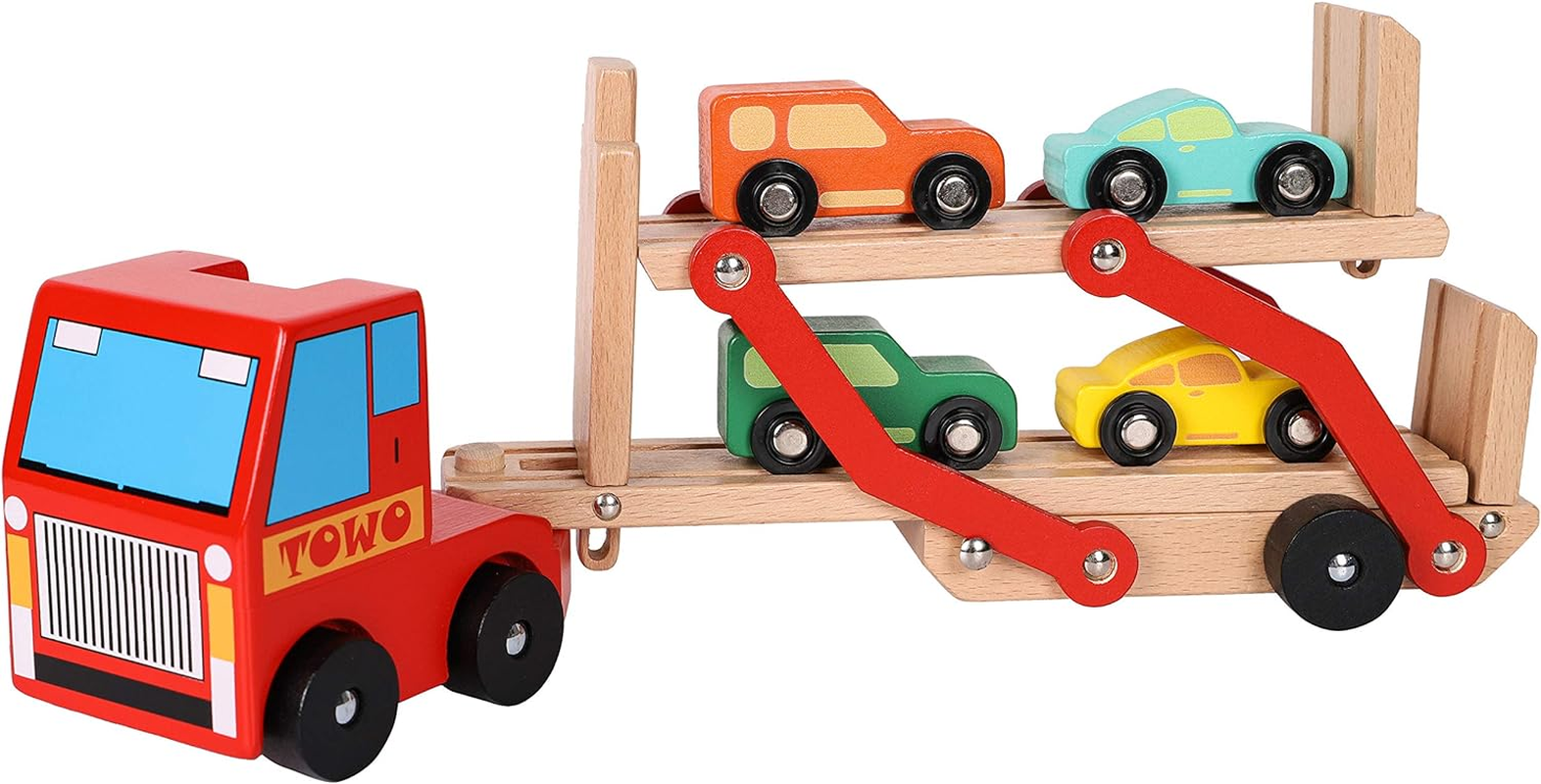 TOWO Wooden Car Transporter Toy Double Decker Trailer with 4 Cars Ramp Racer - Wooden Car Toy Truck Carrier for 3 Years Old Boys Vehicle Toys for Kids image number 3