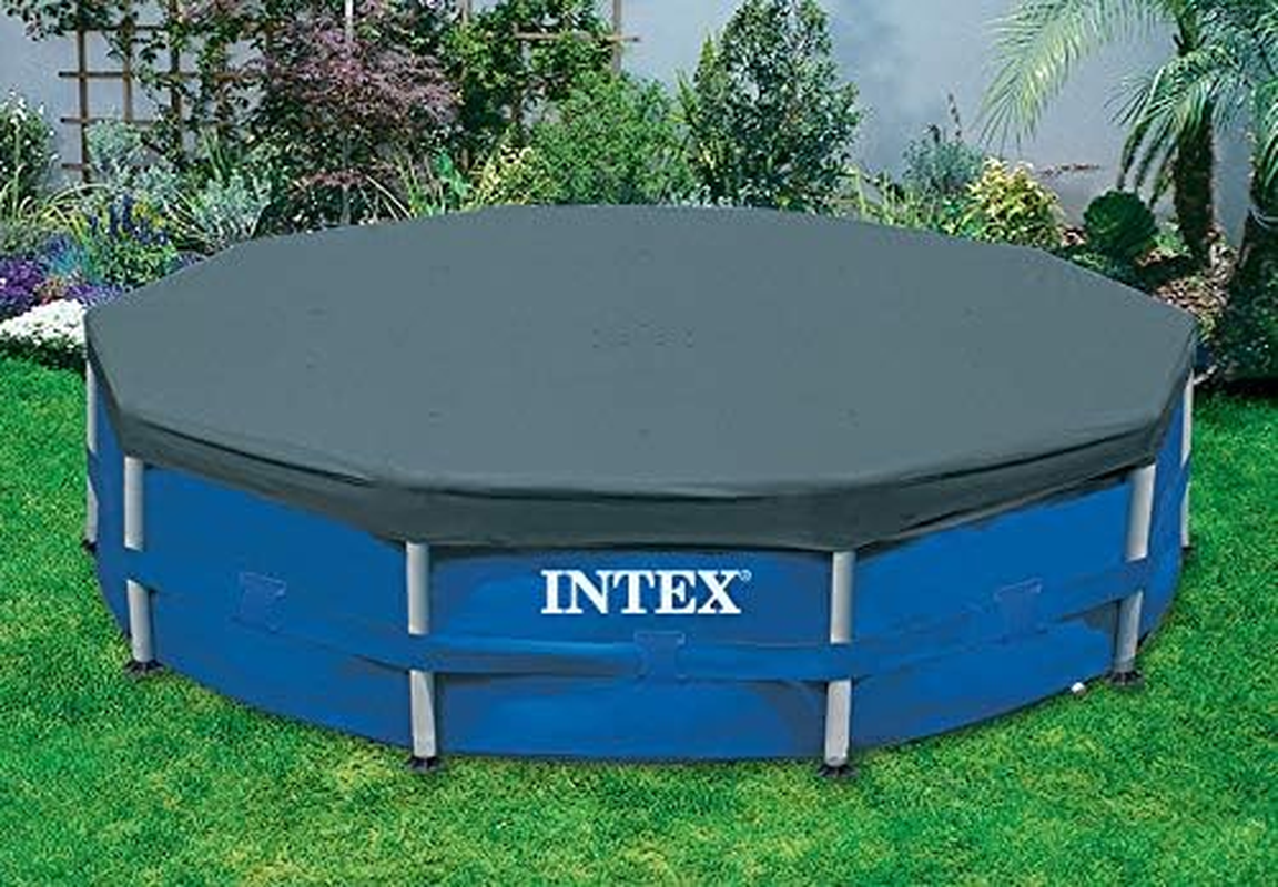 INTEX 28032E Pool Cover: for 15Ft round Metal Frame Pools &ndash; Includes Rope Tie &ndash; Drain Holes &ndash; 10In Overhang &ndash; Snug Fit