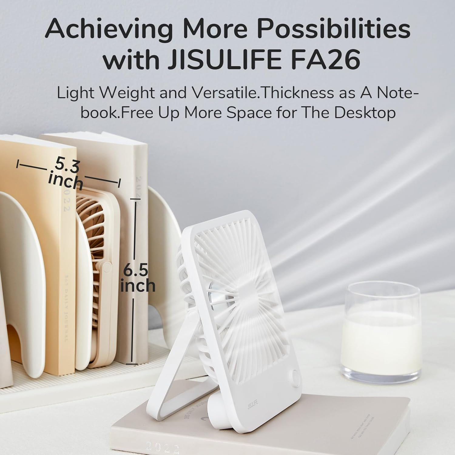 JISULIFE Desk Fan Battery Operated Rechargeable, 4500Mah 180&deg;Foldable Portable Fan, 4 Speeds Adjustable Long Battery-Life for Home Office Travel Outdoor-White image number 4