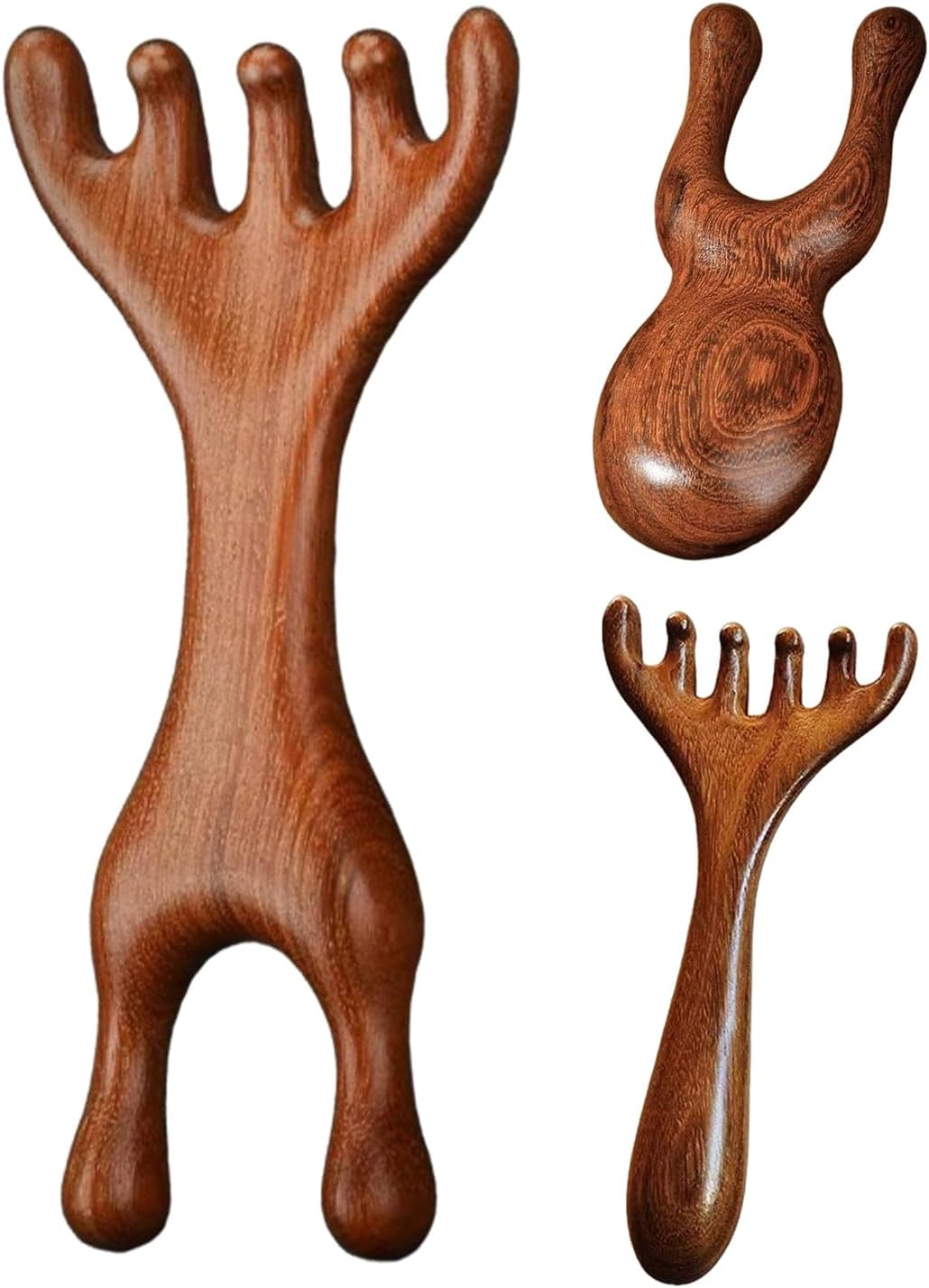 Sandalwood Scalp Massager,3Pack Wide Tooth Deer Antler Smoothing Comb 6/5/2 Claw,Wooden Deer Antlers Nasal Scraper,Fashionable Sandalwood Wide Tooth Combs image number 1