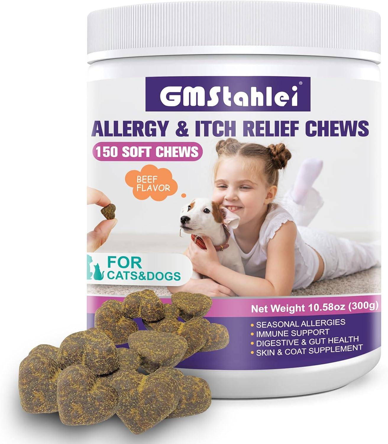 Dog Allergy Relief Chews,150 PCS Itchy Skin Relief Immune Treats with Omega 3 Fish Oil,Turmeric Probiotics for Dogs Itching,Skin and Coat Health for Dogs Itching, Licking & Separation image number 3