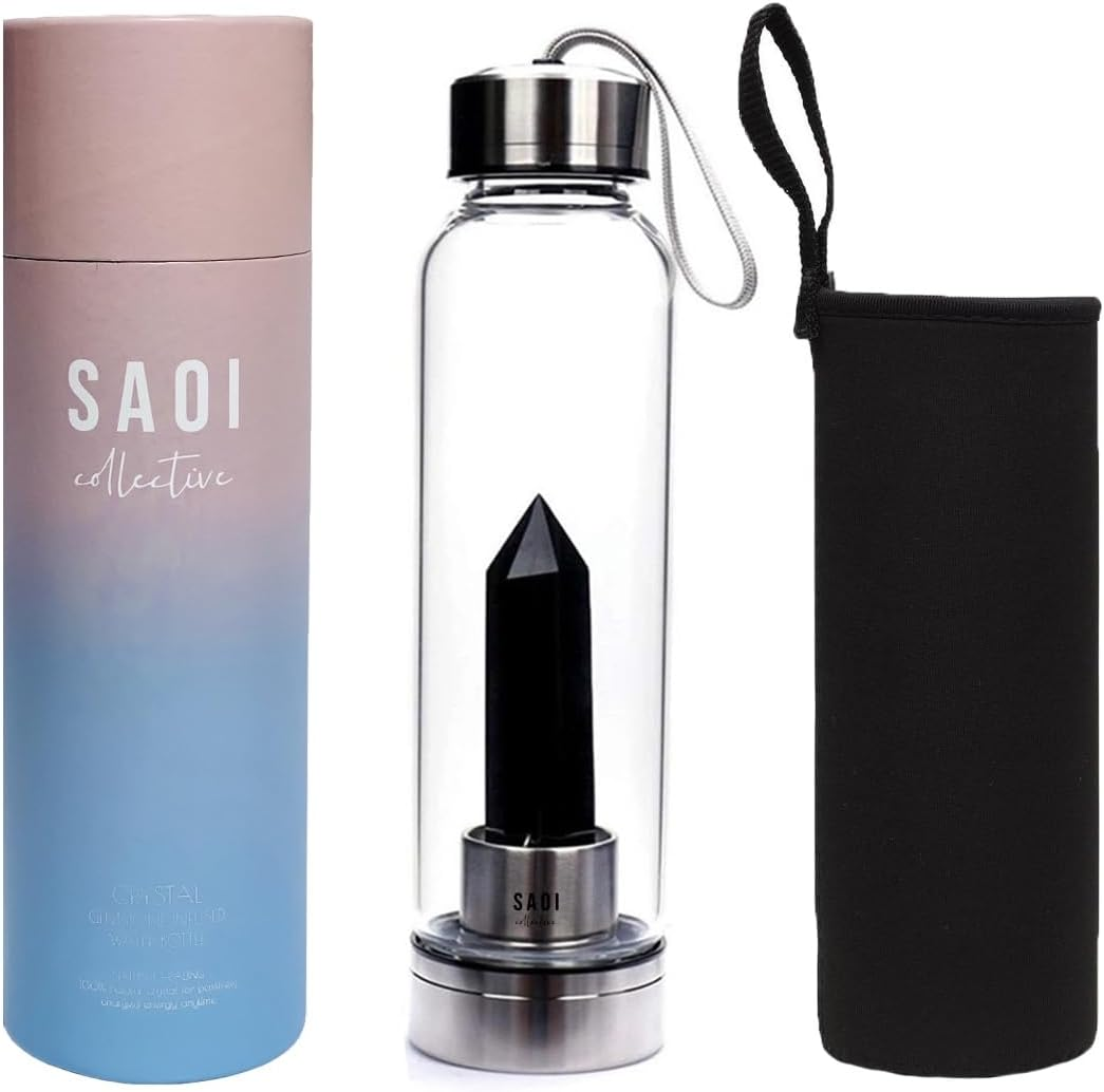 SAOI Crystal Water Bottle - Rose Quartz Gemstone Infused Elixir - Natural Wellness Healing - Glass/Stainless Steel