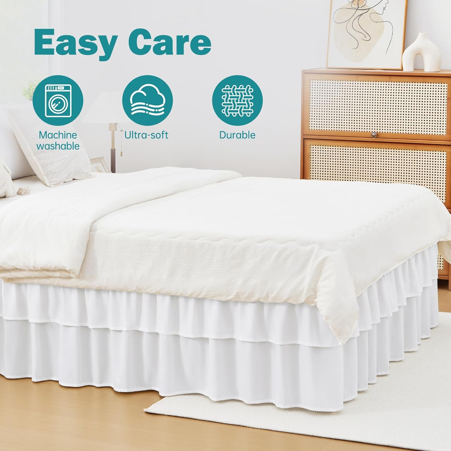 Vocander 2 Layer Bedskirt,White Queen Size Bed Skirt 18 Inch Drop Easy to Put On,Elastic Wrap around Dust Ruffle for Bed Frame & Mattress,Luxury Bedskirt for Adjustable Bed Microfiber Fabric image number 5