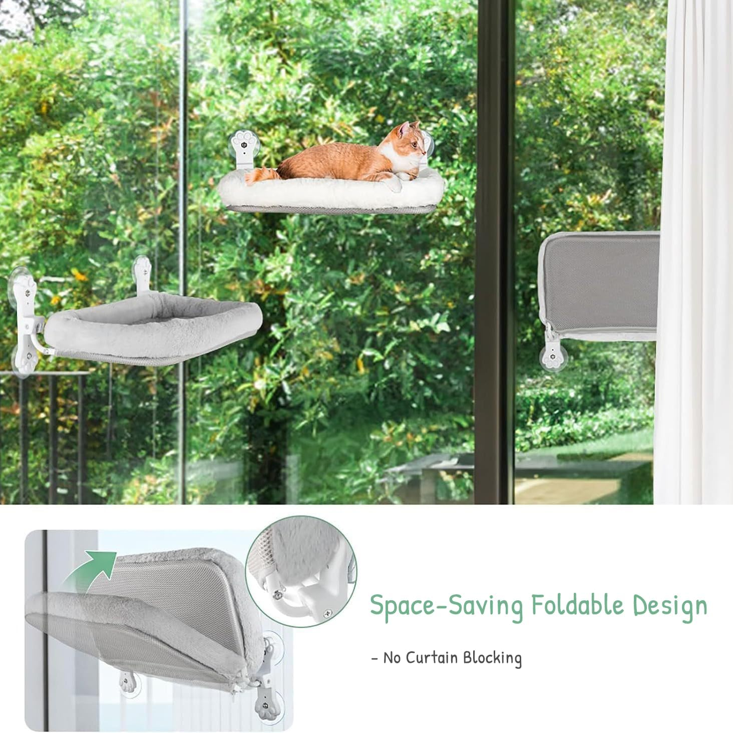 Foldable Cat Hammock for Window, Cat Window Perch with Removable Soft Cover, Cordless Cat Window Hammock for Large Cats, Machine Washable Cat Bed Cover and Solid Metal Frame(White Cushion Bed)