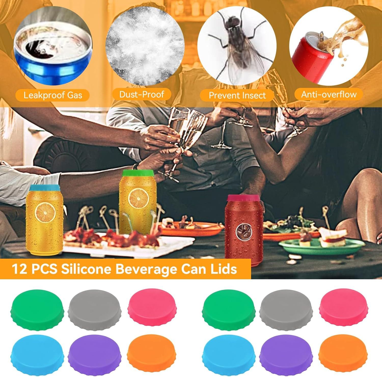 12 PCS Silicone Beverage Can Lids, 6 Colors Reusable Can Covers, Leak-Proof & Dust-Resistant Can Covers, Keep Carbonation Freshness Fizz - Assorted, Soda Pop Top Can Lids for Beer Soda Beverages (12) image number 5
