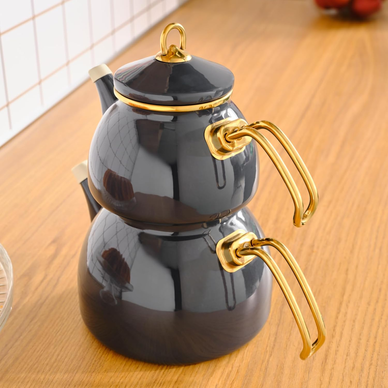 Karaca Retro Enamel Teapot Set, Anthracite, Suitable for Induction, Tea Maker, Kettle, Tea Infusion 1.1 L, Water Jug 2.3 L, Turkish Tea Kettle, Tea Maker, Caydanlik image number 2