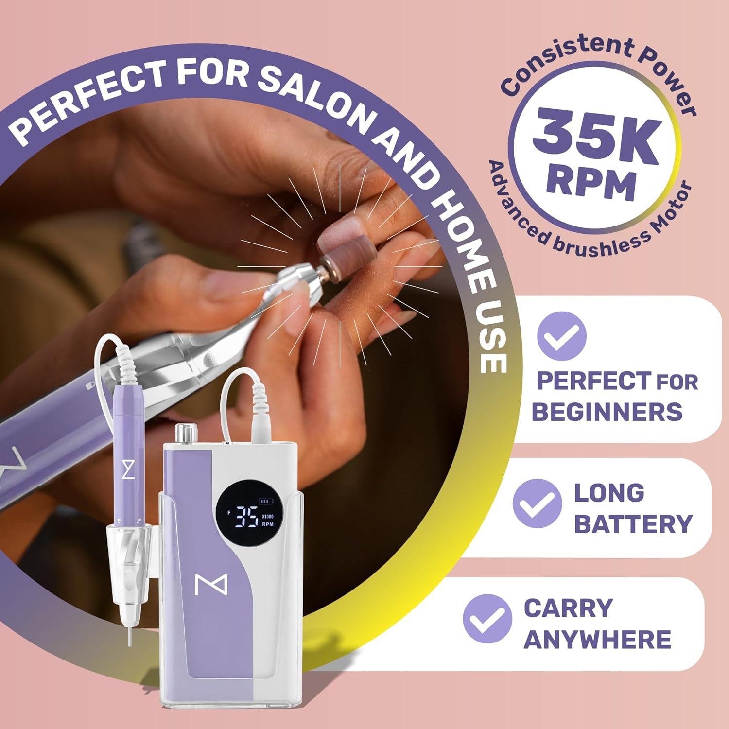 M &ndash; Ying Yang Brushless Nail Drill 35K RPM | Pro Cordless Efile 85W | Rechargeable USB-C Fast Charging | Portable Aluminum Alloy Shell | Quiet Low Vibration Tool for Acrylic Gel Nails (White) image number 4