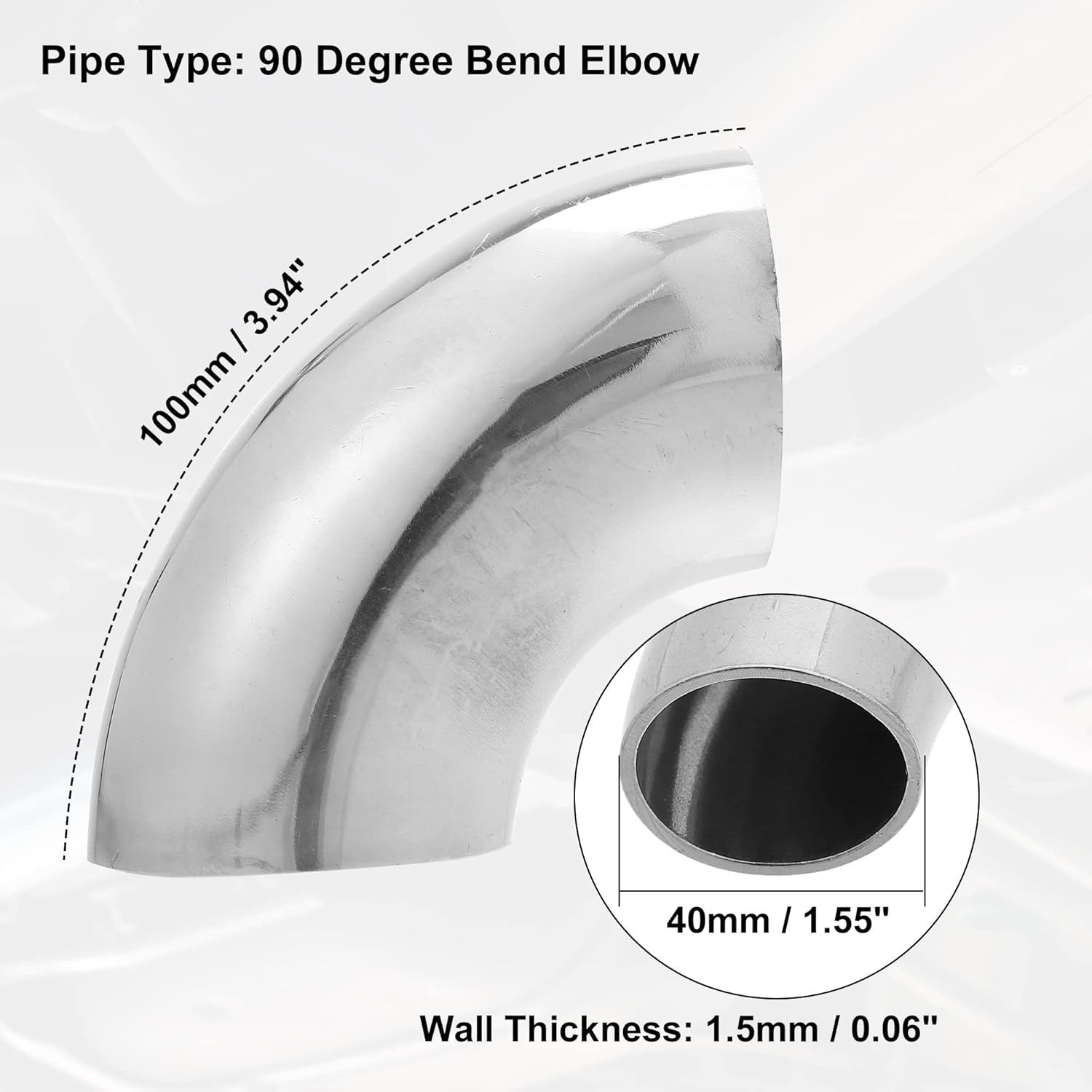X AUTOHAUX 1 Pcs OD 1.55 Inch 90 Degree Mandrel Bend Elbow SS304 Stainless Steel Exhaust Elbow Pipe for Car Modified Exhaust System 1.55" Piping Silver Tone image number 1