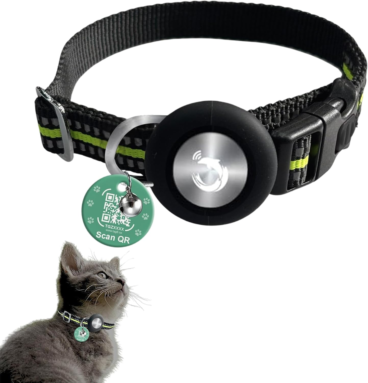 Tag8 Airtag Cat Collar Breakaway, Reflective Kitten Collar Compatible with Apple Air Tag Holder for Girl Boy Cats, 0.4 Inches in Width and Lightweight(Green)
