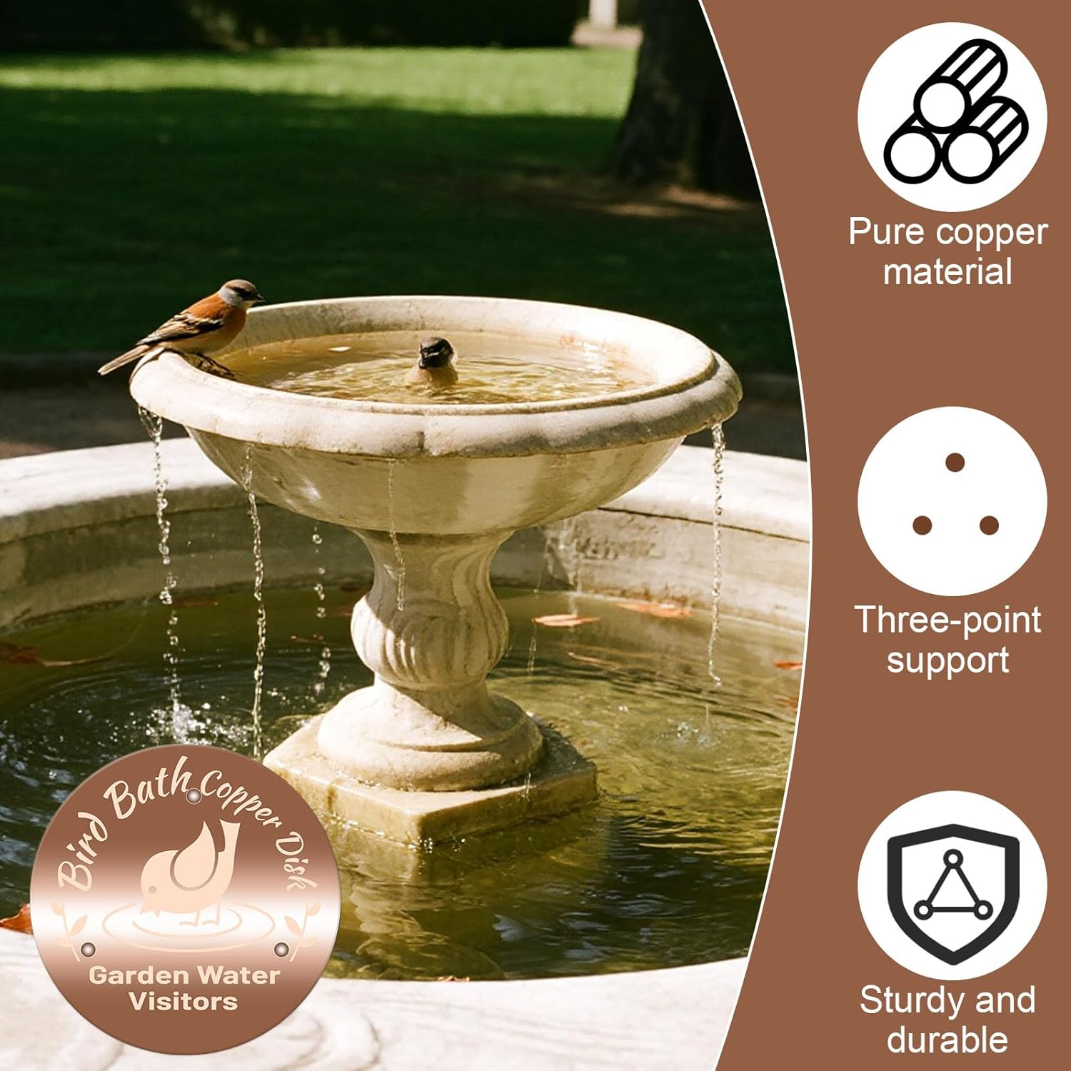 Pure Copper Bird Bath Disc, 3.94In/10Cm Diameter round Shaped Bird Bath Purification Disk for Physical Safe Clean Water and Outdoor Birdbath Tray Cleaning image number 1