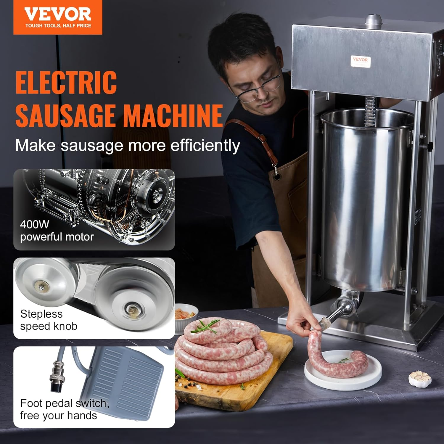 VEVOR Electric Sausage Stuffer, 25 L / 55 LBS Vertical Meat Stuffer, 400W Motor, Stepless Speed Control and Foot Pedal, Made of Food-Grade 304 Stainless Steel, 5 Stuffing Tubes for Home, Commercial image number 4