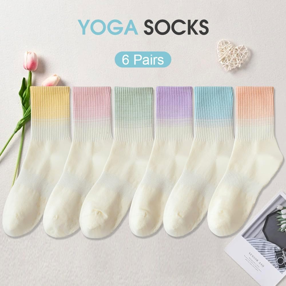 6 Pairs Non Slip Yoga Socks, Pilates Socks with Grips, Athletic Long Socks Barre Dance Socks, anti Skid Socks for Yoga Ballet Barefoot Workout image number 3