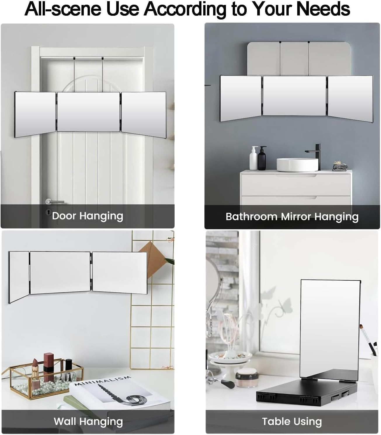 Cozioz 3-Way Trifold Mirror for Hair Cutting, Adjustable & Foldable Portable Mirror with Retractable Height Hook, Ideal for DIY Haircuts, Hair Coloring, Braiding, Shaving & Makeup image number 2