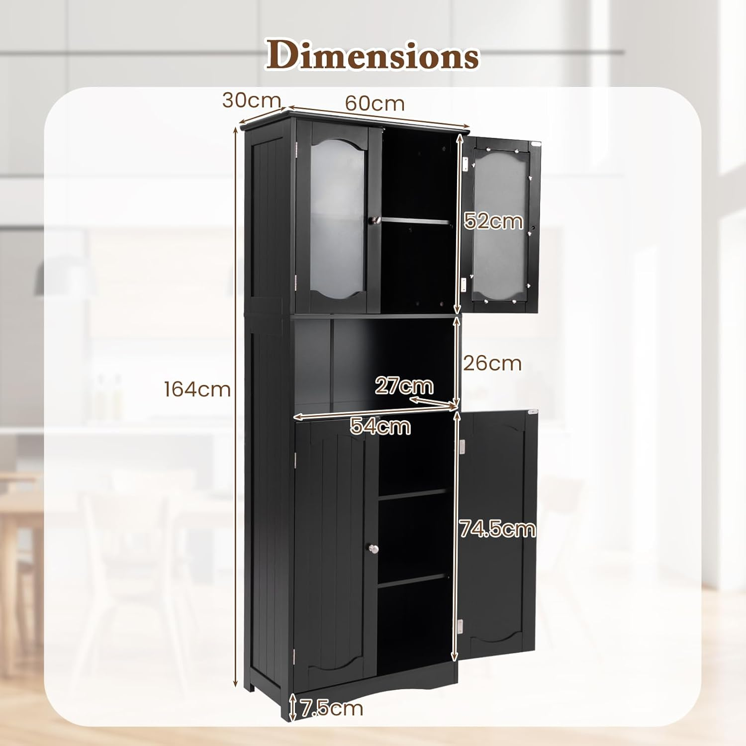 Giantex 164 Cm Tall Bathroom Storage Cabinet, Freestanding Linen Cabinet with Frost Glass Doors and Shelves, Kitchen Pantry Cabinet or Living Room Dining Room Office (Black) - Black image number 6