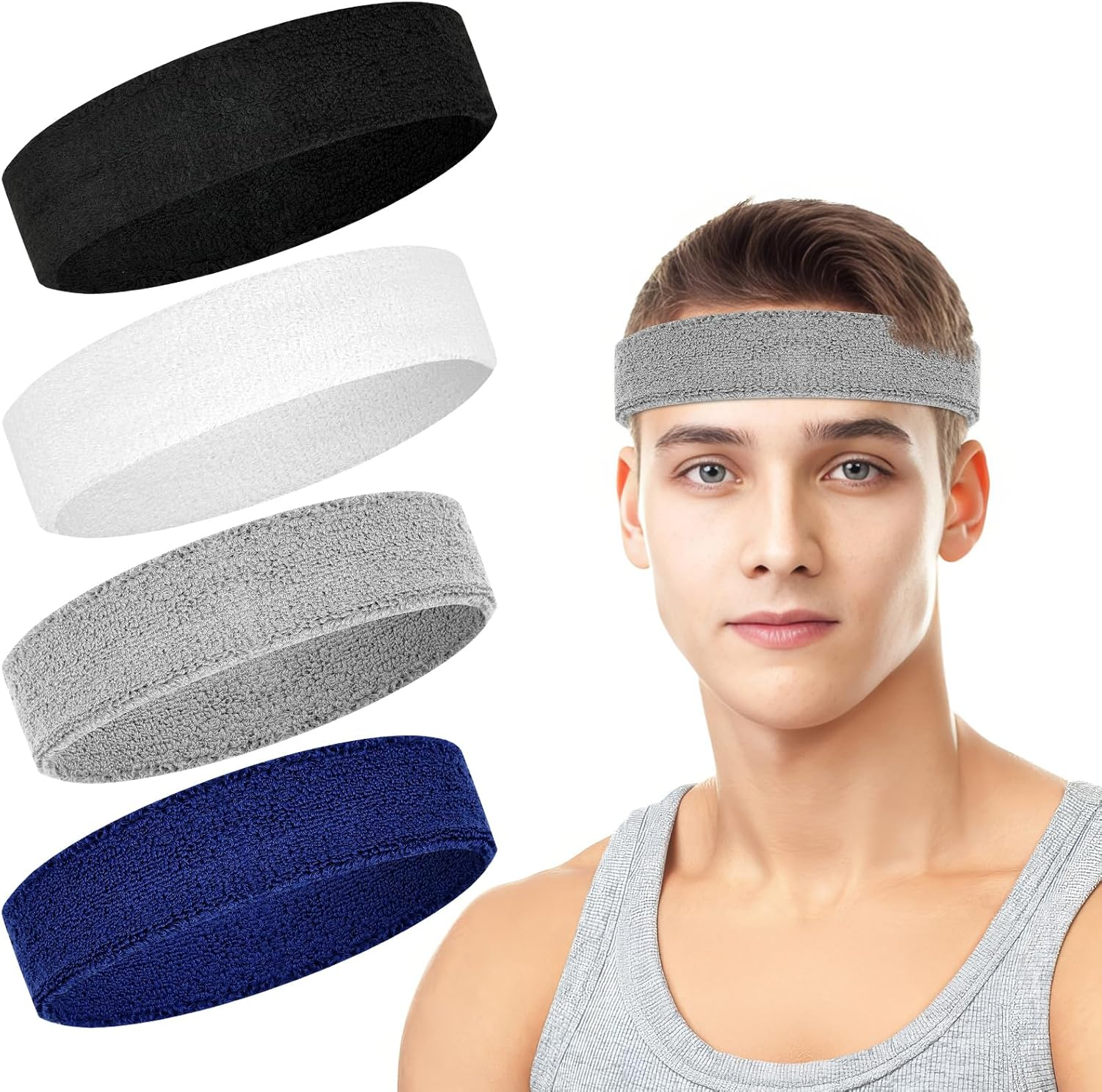 4 Pack Headbands for Men, Sweat Bands Headbands Men & Women, Cotton Terry Sweat Bands for Tennis, Basketball, Running, Gym, Working Out - Black/Gray/Green/White image number 6
