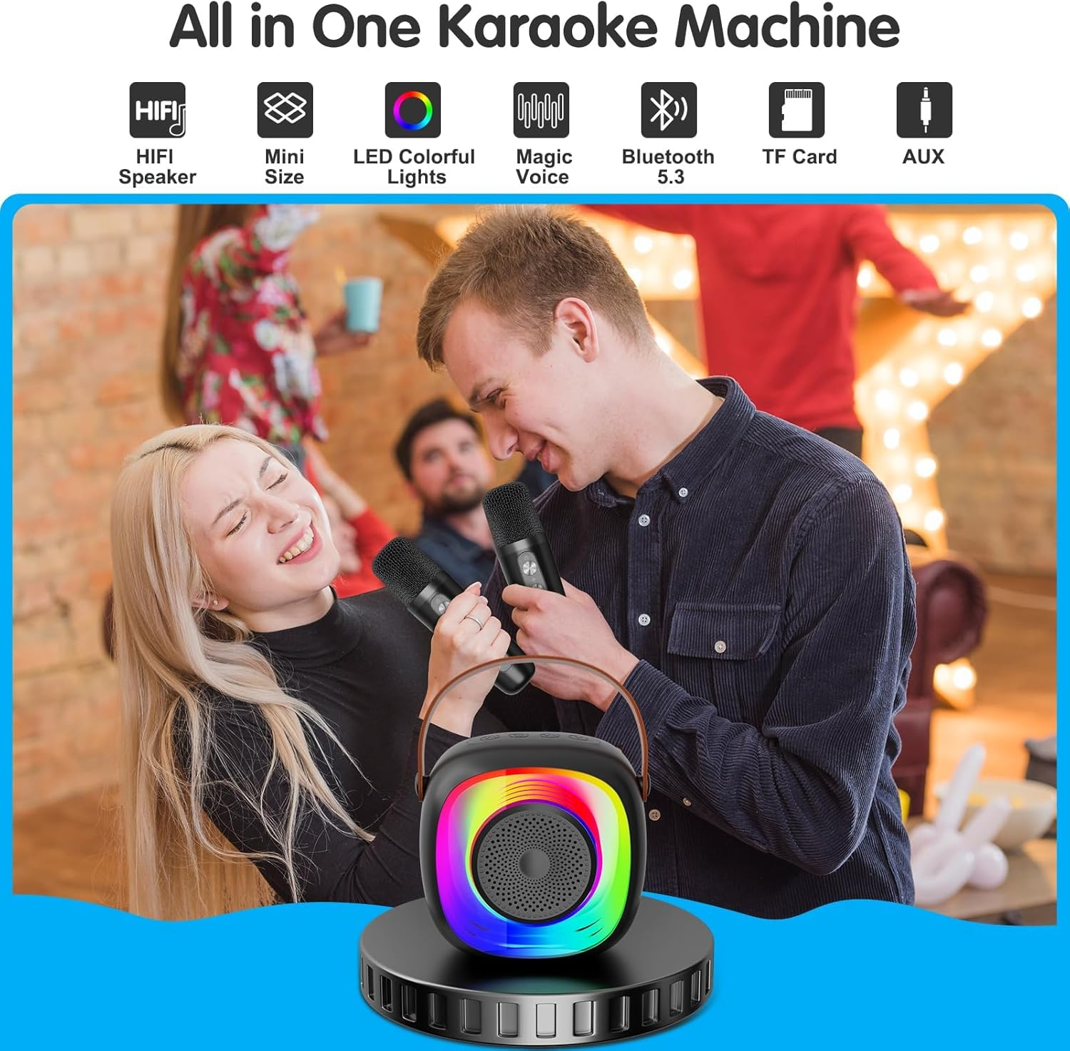Karaoke Machine for Kids Adults, Portable Bluetooth Speaker with Wireless Microphone and Colorful Lights, Gifts for Girls Boys Birthday/Home Party(Black) image number 4