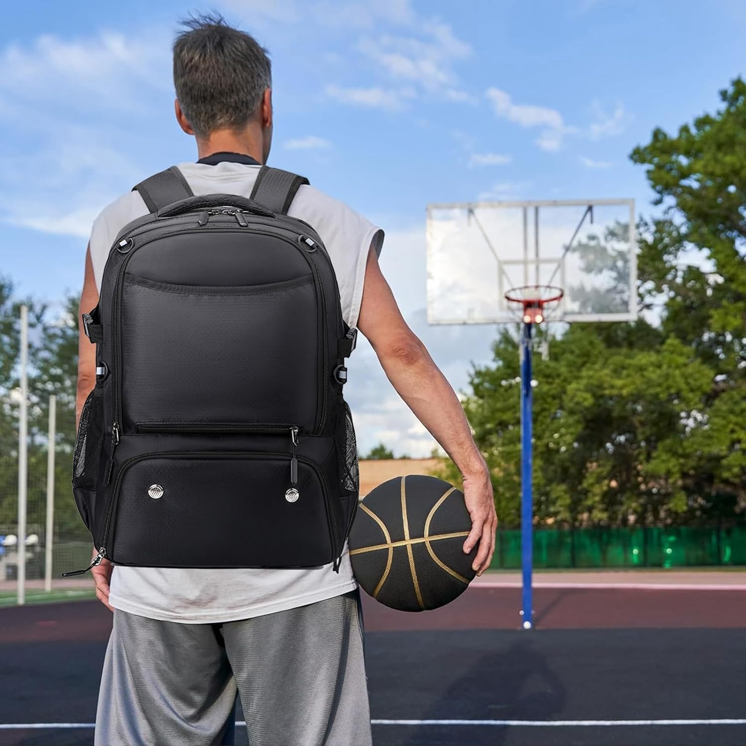 Ruaizel Basketball Backpack with Separate Ball Holder & Shoes Compartment, 40L Large Capacity Basketball Equipment Bag with Detachable Mesh Pocket for Volleyball Soccer Swim Gym Travel (Black) image number 2