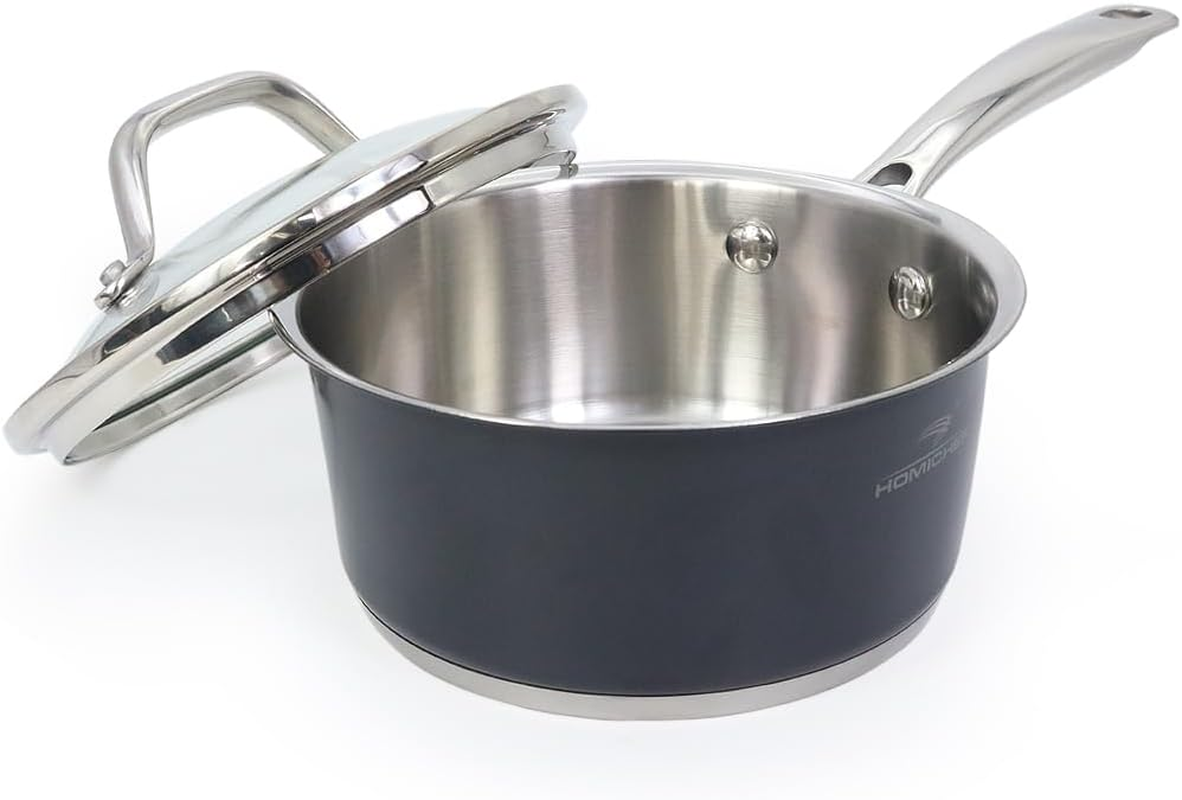 HOMICHEF Matte Polished Navy Gray Nickel Free Stainless Steel 0.95 L Saucepan with Glass Lid (No Toxic Non Stick Coating) - Small Saucepan Induction Pan with Lid - Elegant Non Toxic Cookware image number 4