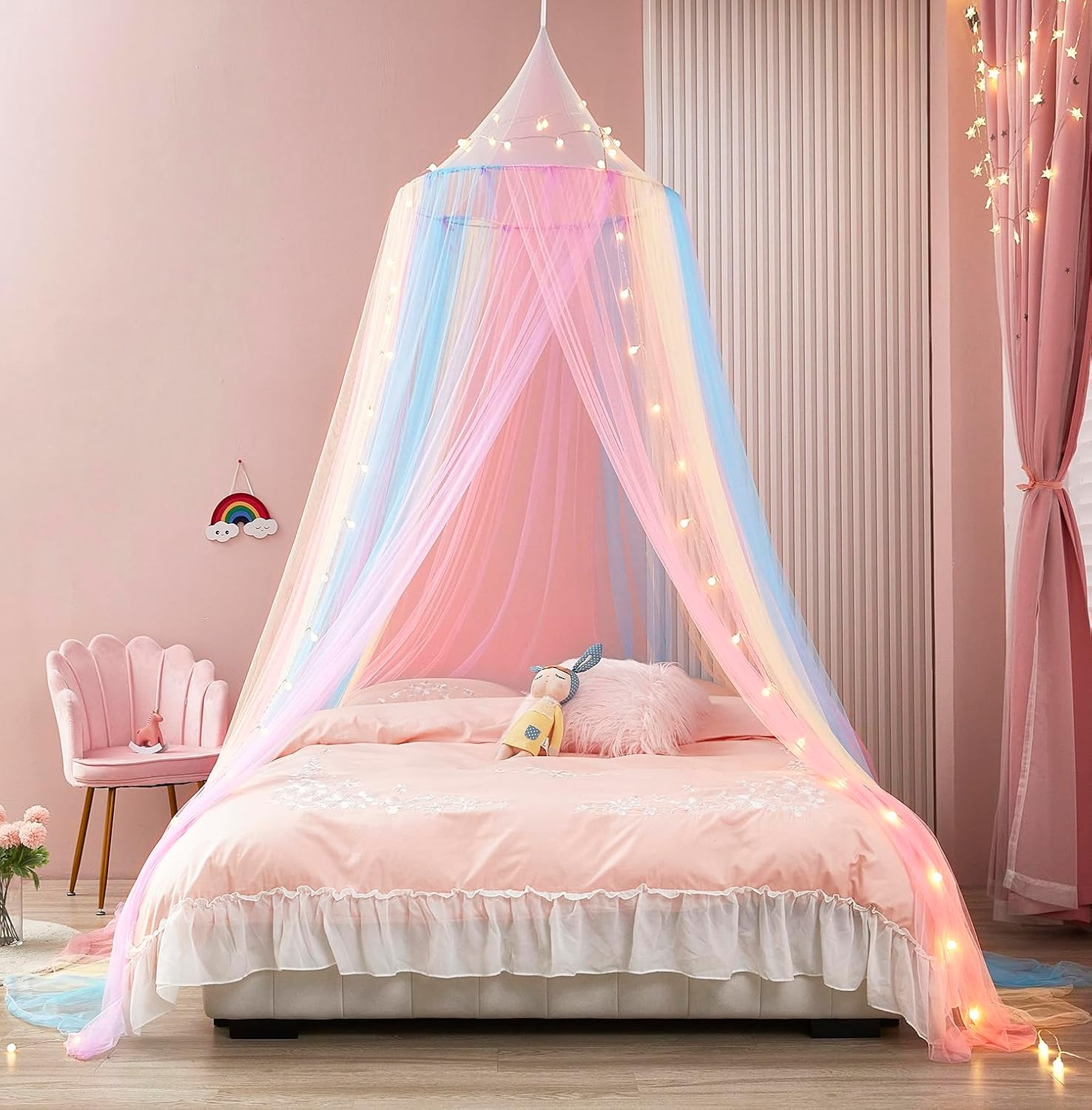 Rainbow Bed Canopy for Girls, Bed Canopy with Lights Canopy for Girls Room Bed Mosquito Netting for Twin Single Full Queen King Size Bed Room Decor for Girls image number 2