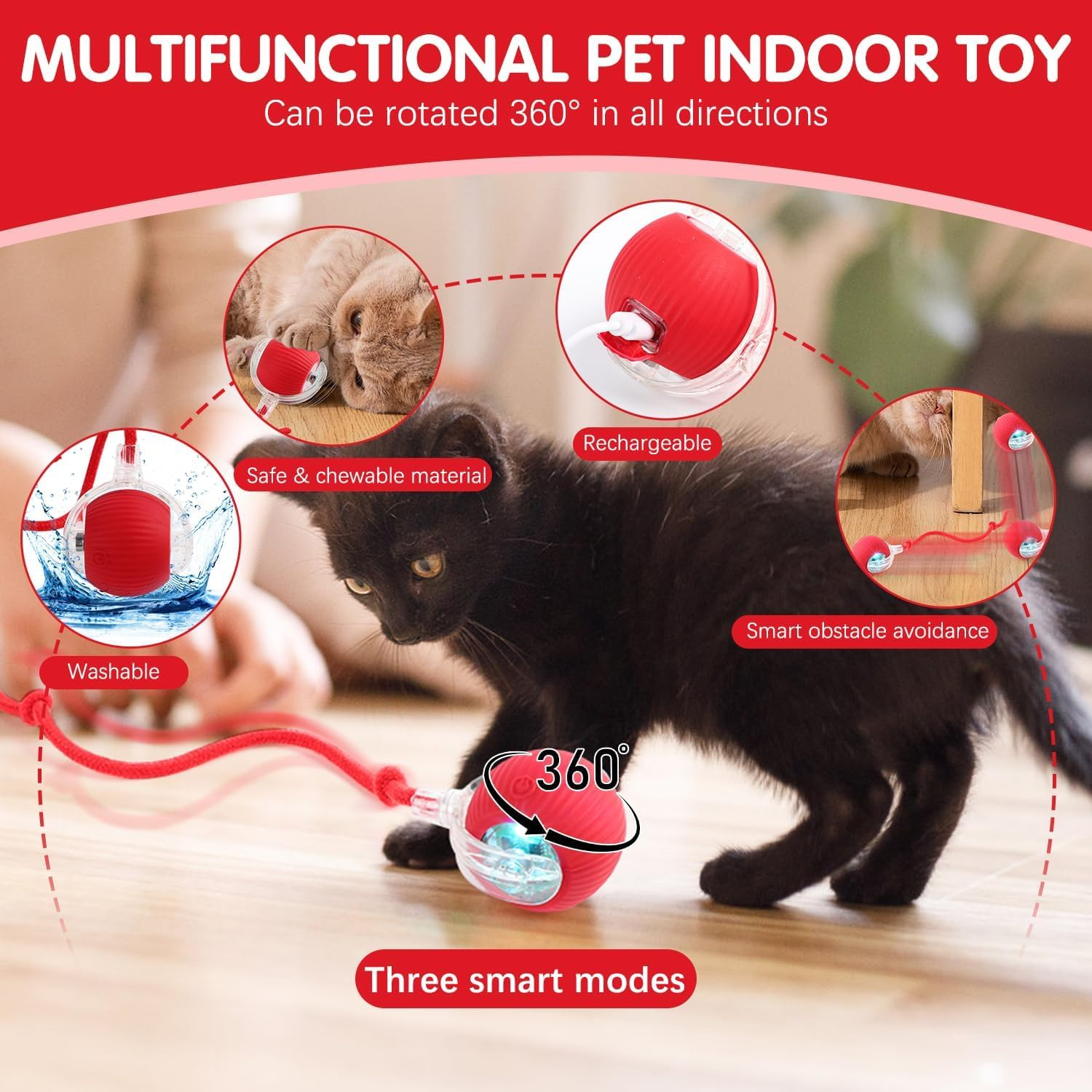 2PCS Interactive Cat Toy,Upgrade Interactive Cat Dog Toys Ball Fast Rolling,Self-Playing Automatic Moving Kitten Toys for Cats,Durable and Safe Material,360&deg; Smart Automatic Rolling Ball (Red+Green) image number 6