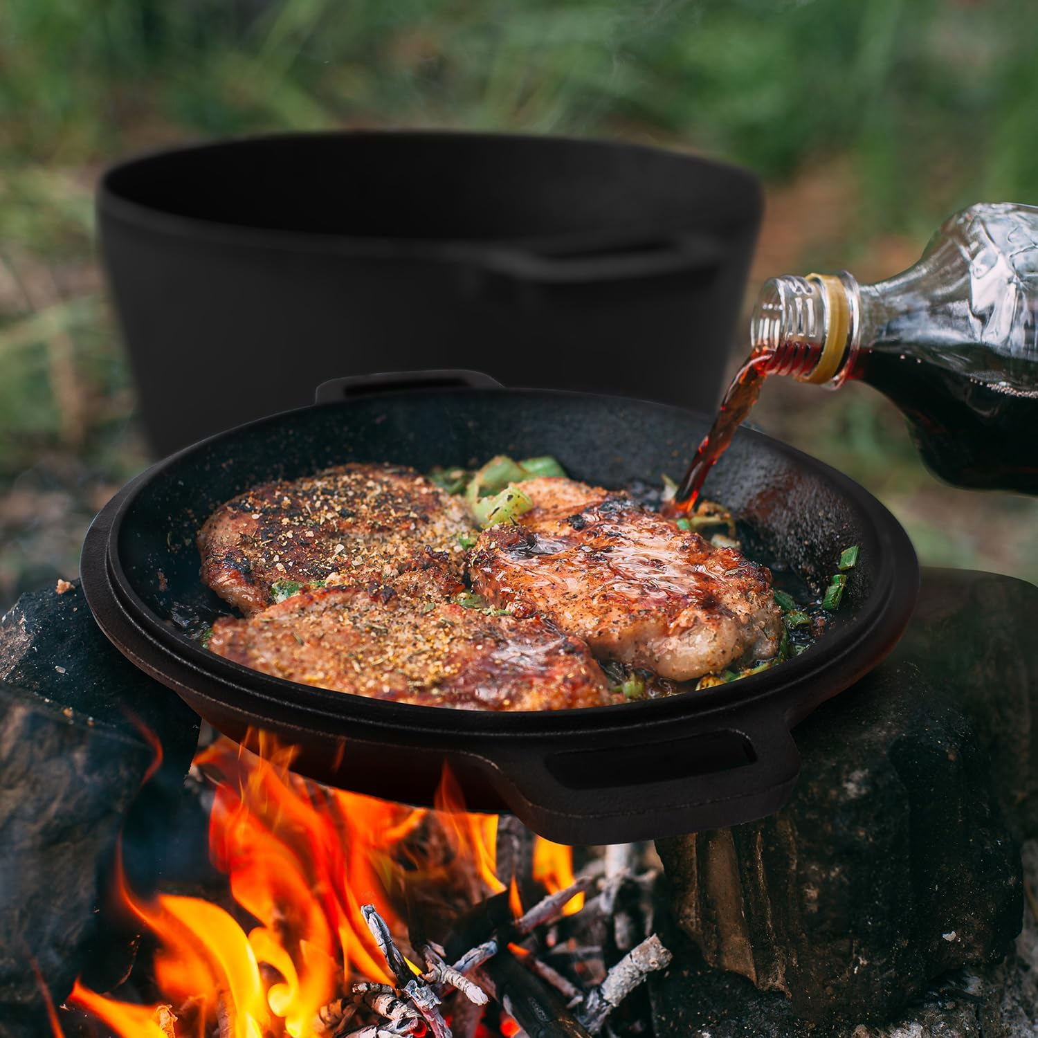 Joeji'S Kitchen Dutch Oven 4.7L Pre-Seasoned Cast Iron Pot with 1.75L Multiuse Lid Suitable for Oven & All Hob Types - 2 in 1 Cast Iron Dutch Oven Pot for Bread Making Braising Meat Simmering Stew & More image number 1