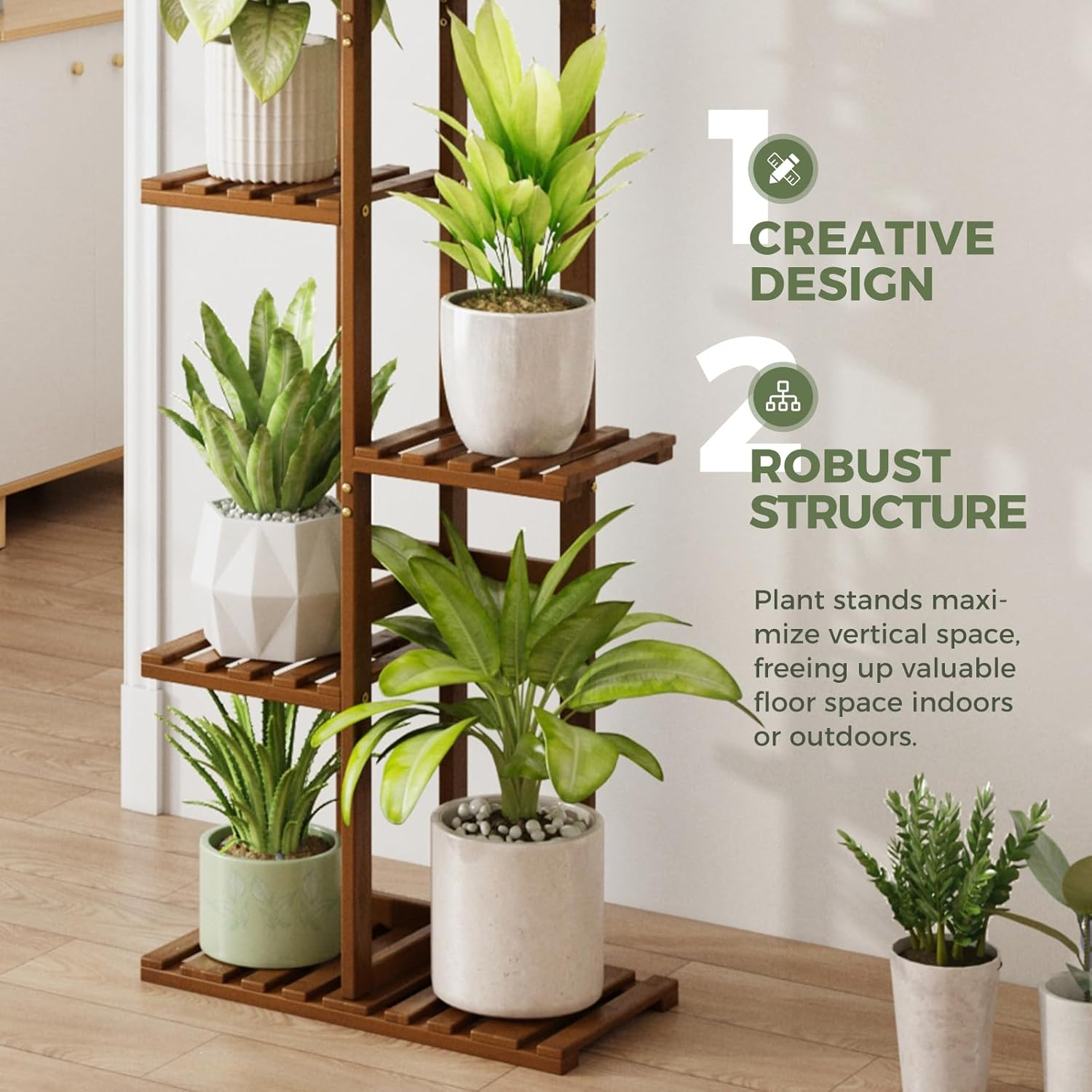 Bamworld Plant Stand Indoor, 5 Tier Bamboo Corner Plant Shelf for Multiple Plants, Small Tiered Flower Stand for Window Garden Balcony Home Decor Living Room Bedroom(Tea Brown) image number 5