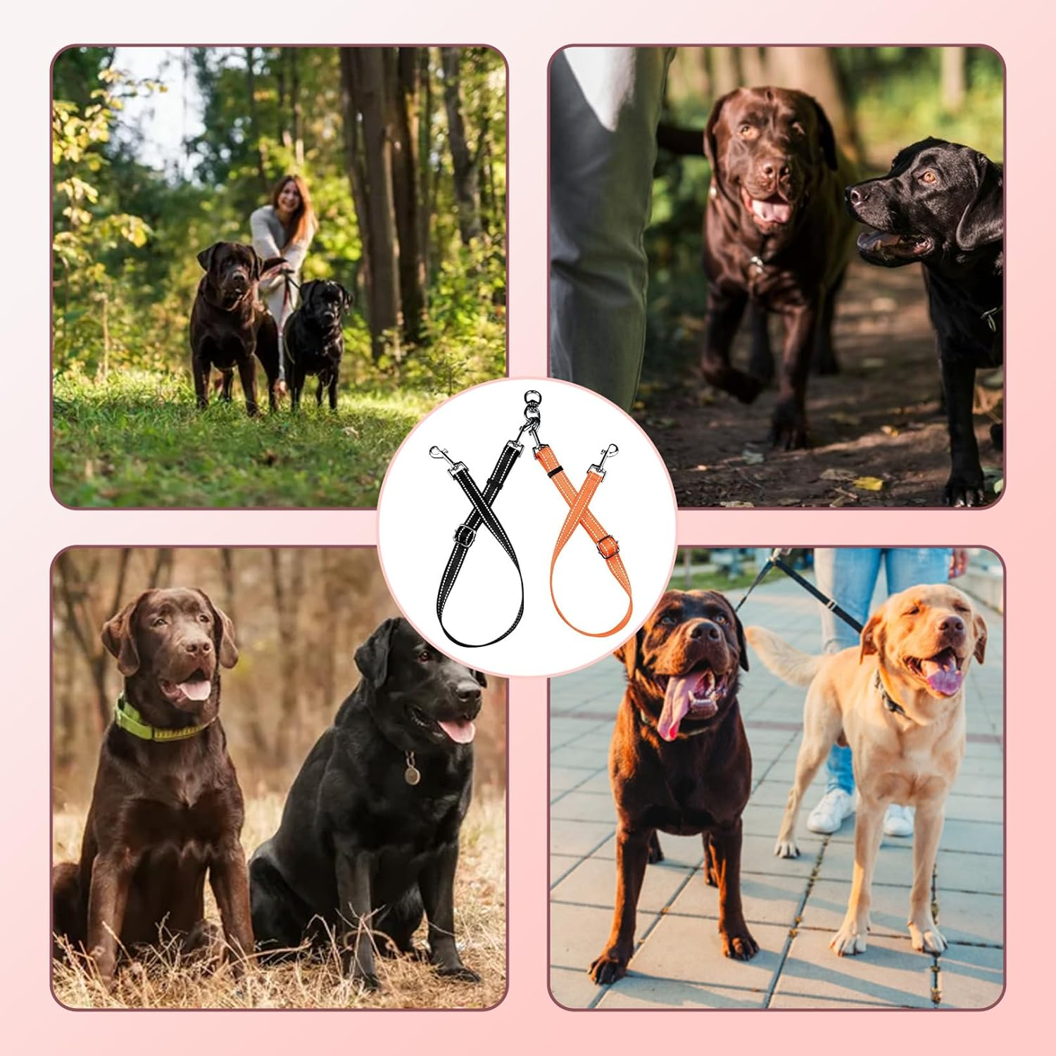 Double Dog Lead Multi 2 in 1 - Splitter for 2 Dogs, 360&deg; Rotatable, Adjustable Reflective Nylon Lead, No Tangle, Outdoor Hiking Lead for Puppies, Small, Medium, Running Training for Dog Leads image number 1