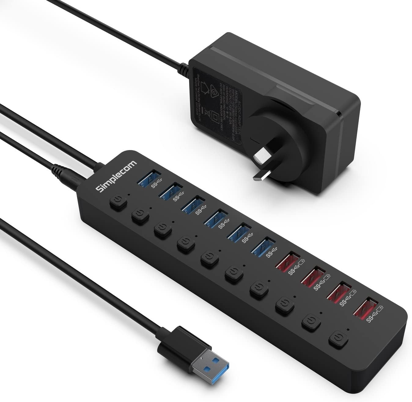 Simplecom CHU810 48W 10-Port USB 3.0 Hub and Charger with Individual Switches 12V/4A Power Adapter BC 1.2 Fast Charging image number 5