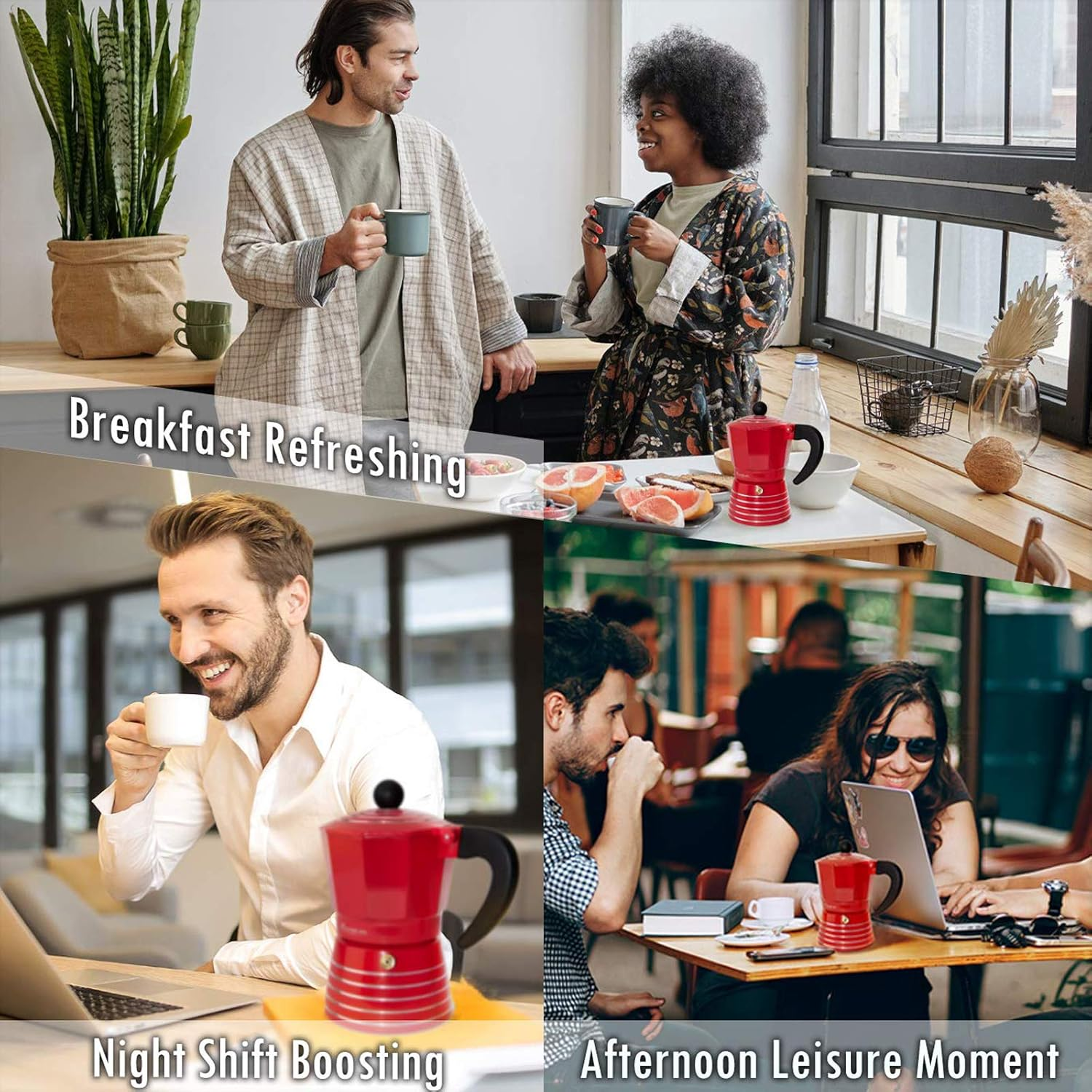 RAINBEAN Stovetop Espresso Maker 6 Cup Moka Pot,Italian Cuban Greca Coffee Maker,Aluminum Durable and Easy to Use & Clean,300Ml Red - Black image number 2