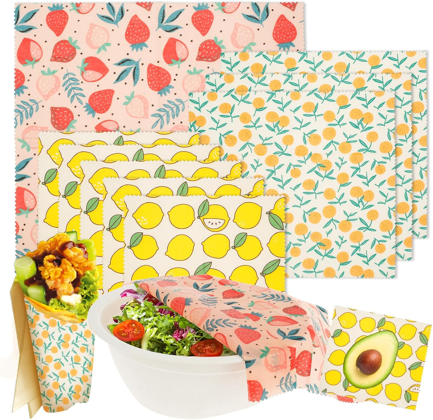 9 Pcs Beeswax Food Wraps, Reusable Beeswax Wraps for Food Safe Easy to Use Flower Patterns Beeswax Paper Washable Beeswax Wraps Sustainable Organic Cotton Food Wraps for Food Storage (Style A)