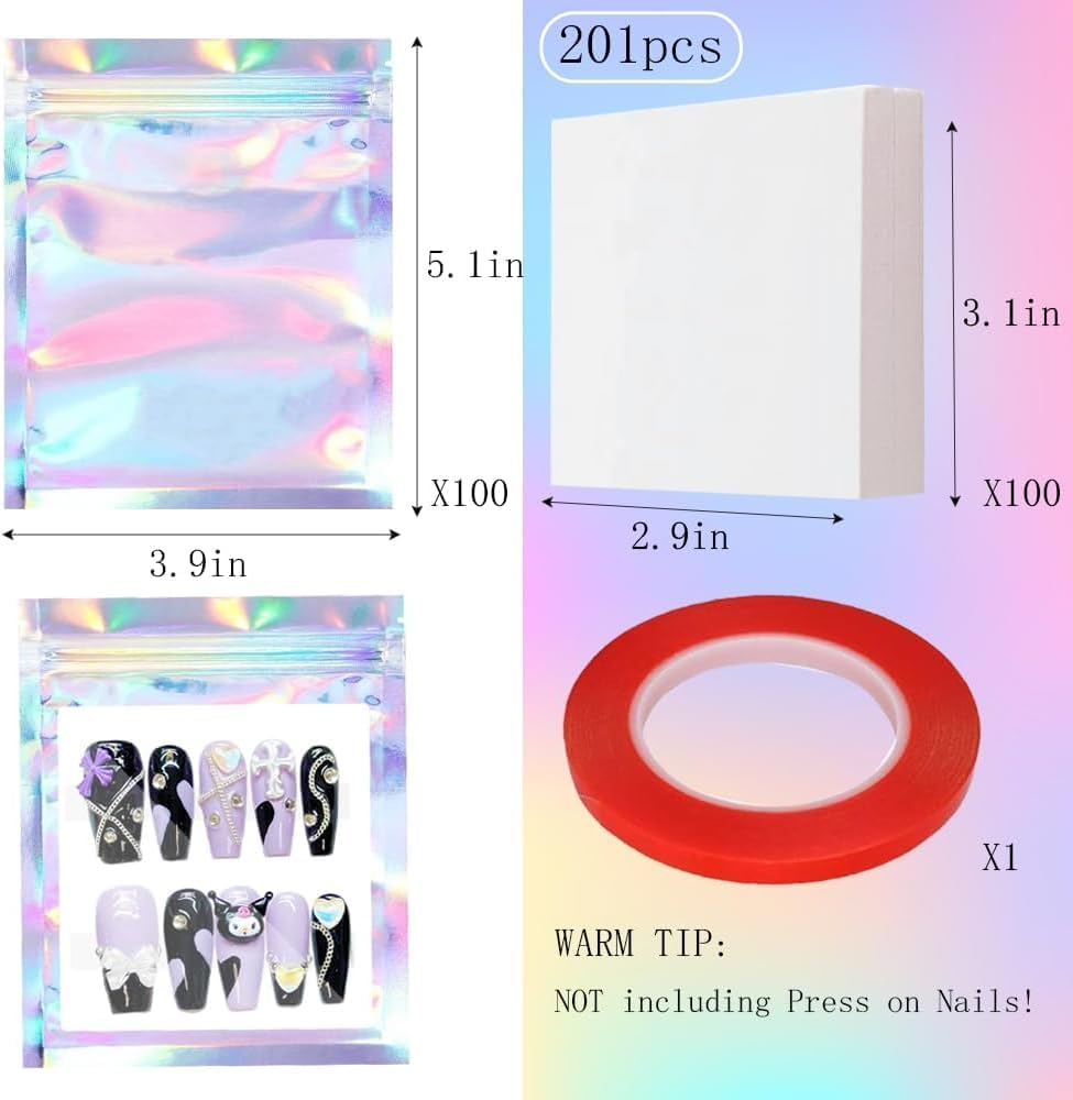 100PCS Empty Holographic Nail Storage Bag, Press on Nail Packaging Bag and 100PCS Shiny White Cardboard with 1 Roll Transparent Tape for Fake Nail Display Storage Organizer Handmade Nails Business