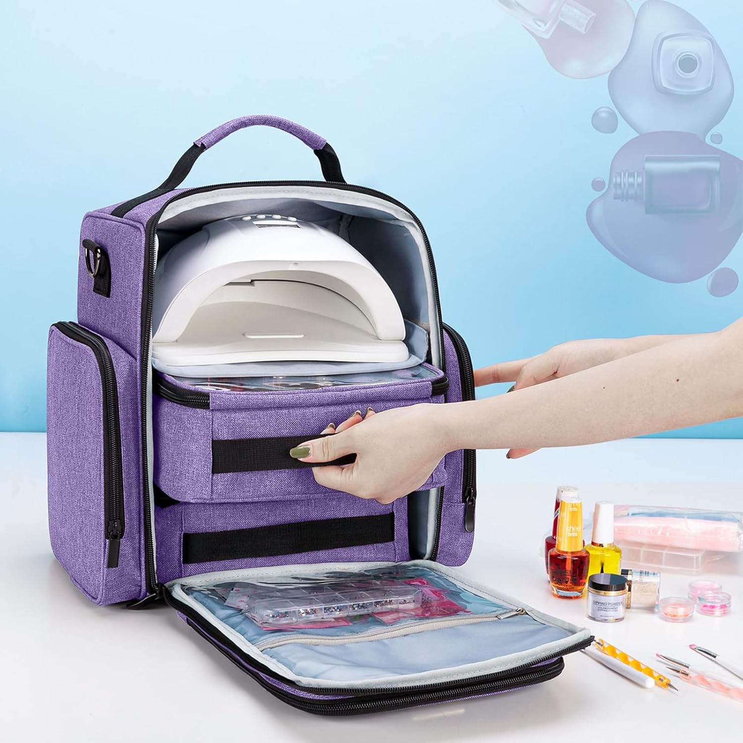 Nail Polish Bag Large Travel Makeup Bag with 3 Inner Removable Pouches, Hair Bag Cosmetic Bag with Detachable Dividers, Professional Manicure Kit,Purple image number 4