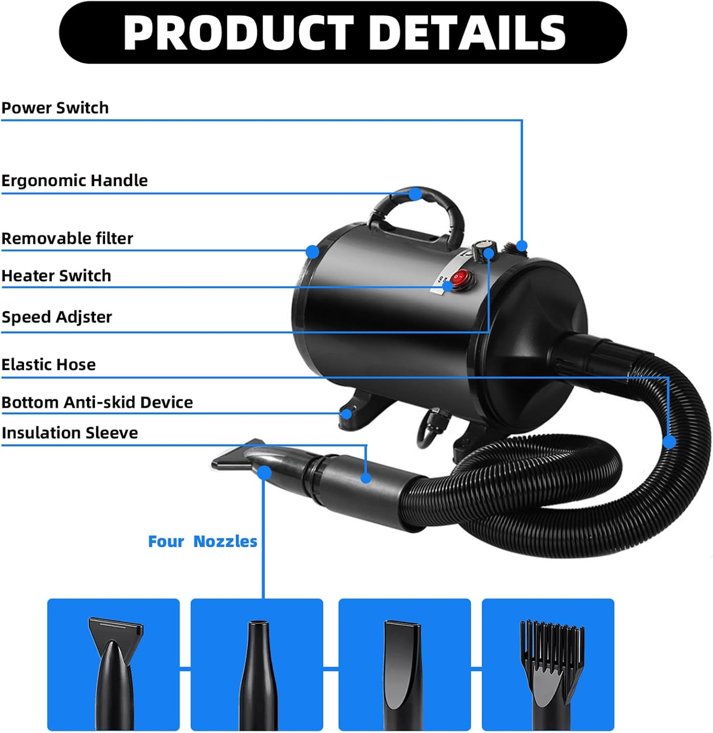 Memows Dog Hair Dryer, 2800 W Professional Blower Dog Dryer, Adjustable Speed and Heat, Pet Dryer, Dog Grooming Dryer with 4 Different Nozzles (Black) - Black image number 4