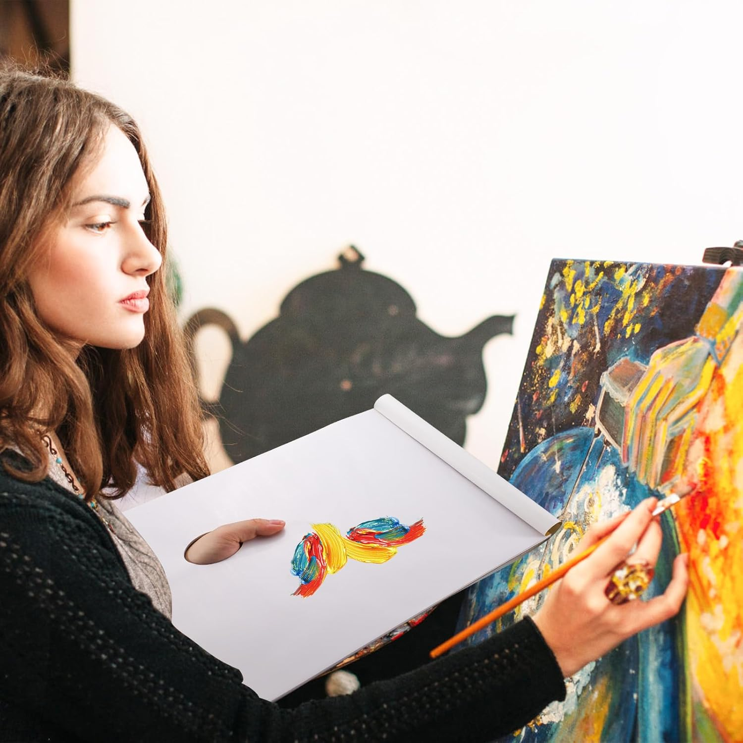 ASTIMESA 36 Sheets Tear off Palette Paper Pad with Thumb Hole, 9 X 12 Inch Disposable White Paint Palette Paper, Artist Painting Mixing Palette Paper for Oil Acrylic Watercolor (A4)