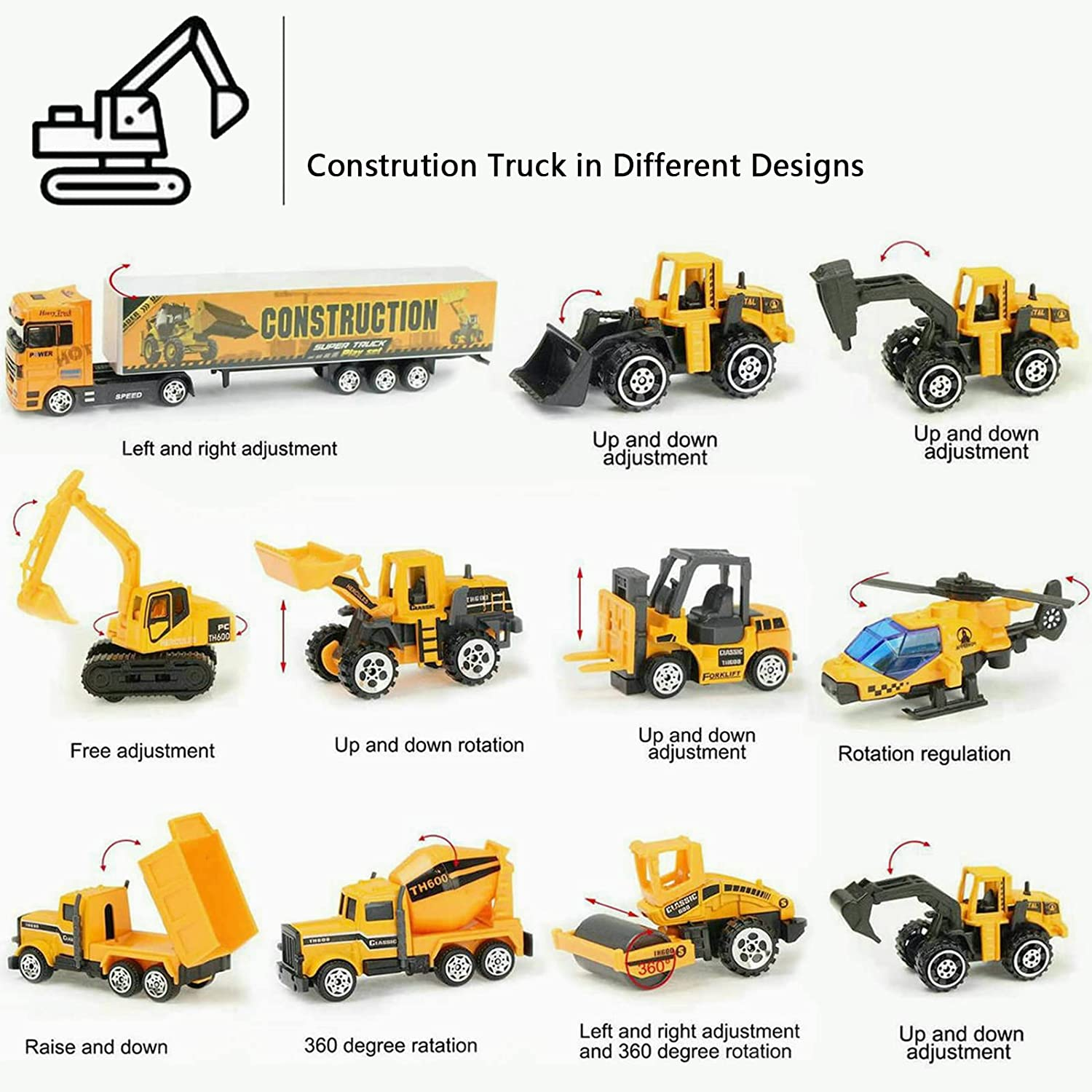 Construction Trucks 11 in 1 Vehicles with Car Met and Road Sign Sticker Car Toys for over 3 Year Old Boys image number 3