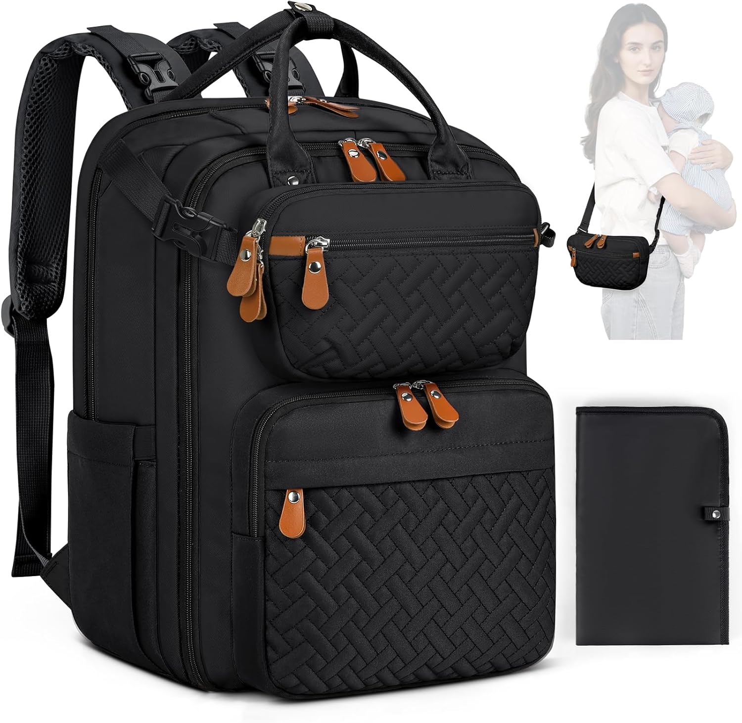 Diaper Bag Backpack, Large Waterproof Baby Bag with Changing Pad, Detachable Crossbody Bag & Stroller Straps Travel Diaper Backpack for Moms Dads Unisex Baby Essentials Organizer image number 1