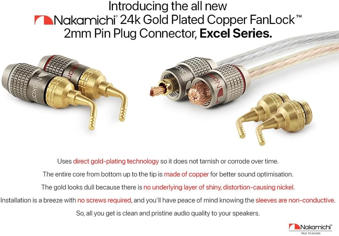 Nakamichi Fanlock Excel Series 24K Gold Plated 2Mm Pin Plugs Banana 10 AWG - 18 AWG Gauge Size 4Mm for Spring Clip Speakers Amplifier Hi-Fi Home Theatre Wire Cable Quick Connector, 8 Pcs (4-Pairs) image number 4