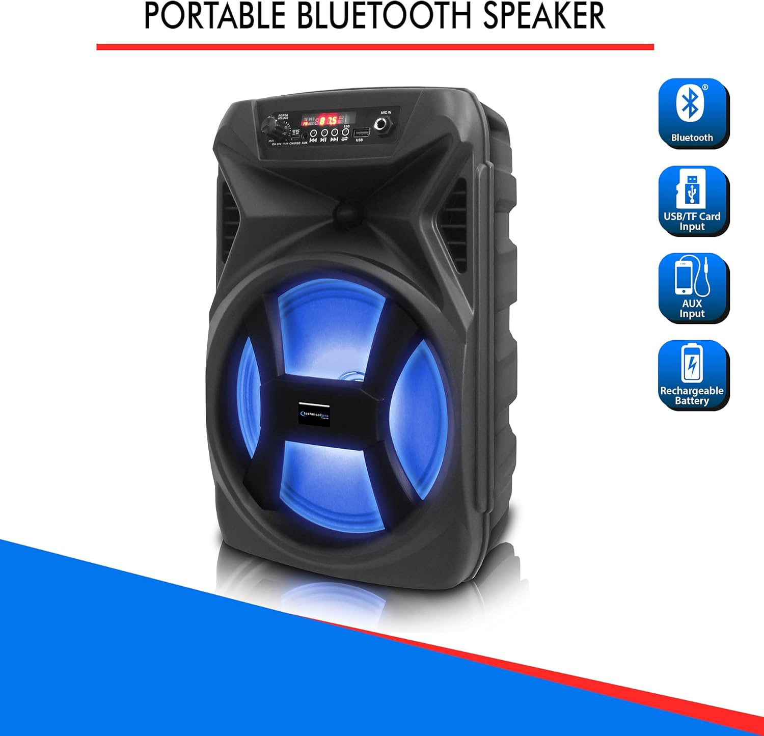 Technical Pro 500 Watts Portable 8 Inch Bluetooth Speaker with Woofer & Tweeter - Festival PA LED Speaker with Bluetooth/Usb Card Inputs, & True Wireless Stereo (Speaker) image number 6