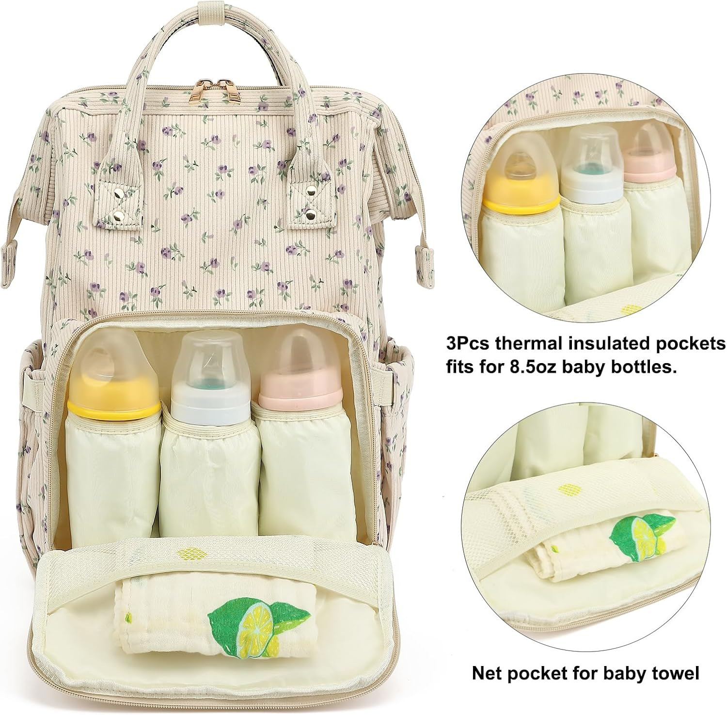 Corduroy Diaper Bag Backpack for Baby Girls Boys, Women Large Nappy Bags for Mom image number 2