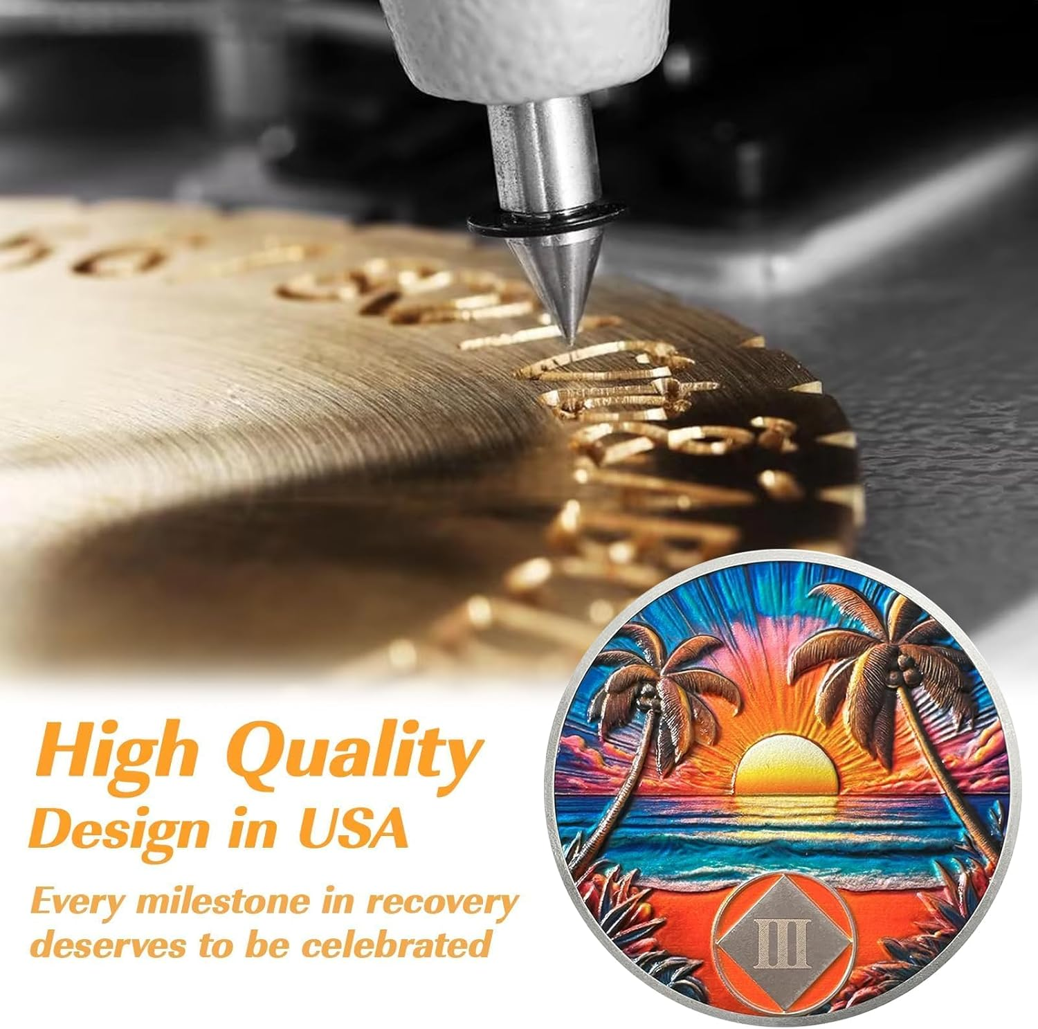Beach Sunset 3 Year Sobriety Coin- Affirmation Sober Chip and AA Medallion, Alcoholics Anonymous Sobriety Gifts, Addiction Recovery Coin for Men and Women