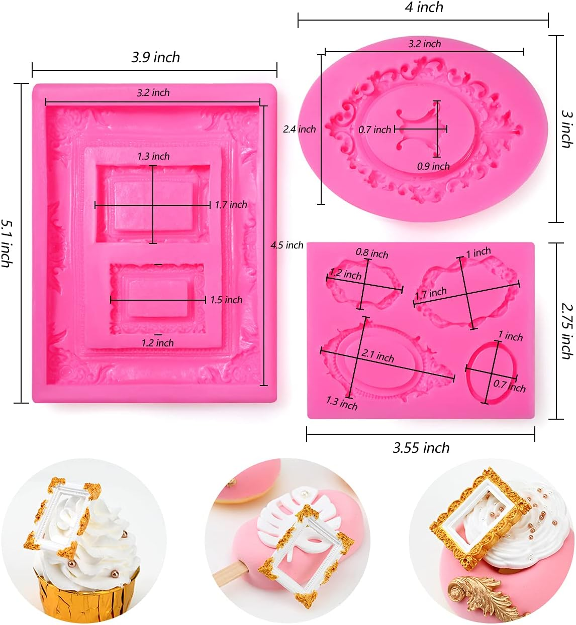 SAKOLLA Photo Frame Fondant Mold - 3 Pack Picture Frames Silicone Mold for Cake Decorating, Sugar, Gum Paste, Chocolate, Cookies, Resin, Polymer Clay - Pink image number 4