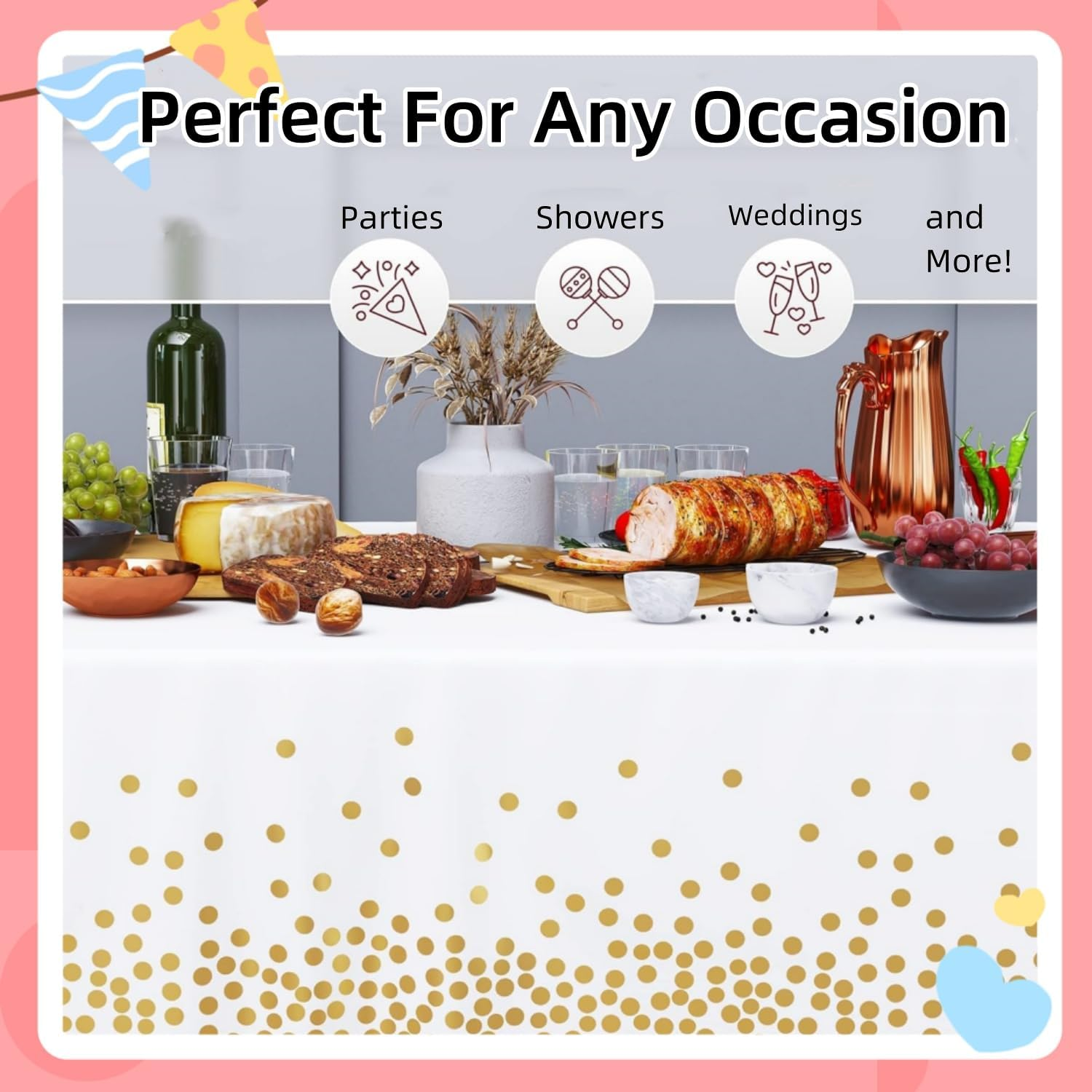 4 Pack Disposable Plastic Tablecloths, 54" X 108" Plastic Rectangle Whitegold Dot Tablecloths for Indoor or Outdoor Tables Parties Christmas Picnic Birthdays and Weddings image number 1