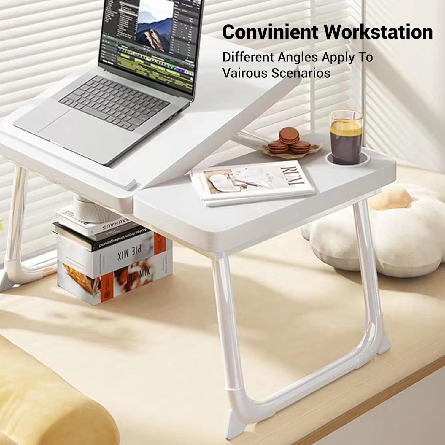 Folding Lap Desk, Foldable Laptop Stand Bed with Cup Holder,Portable & Lightweight,Lap Tablet Desk Breakfast Serving Tray for Sofa Couch (White) image number 4